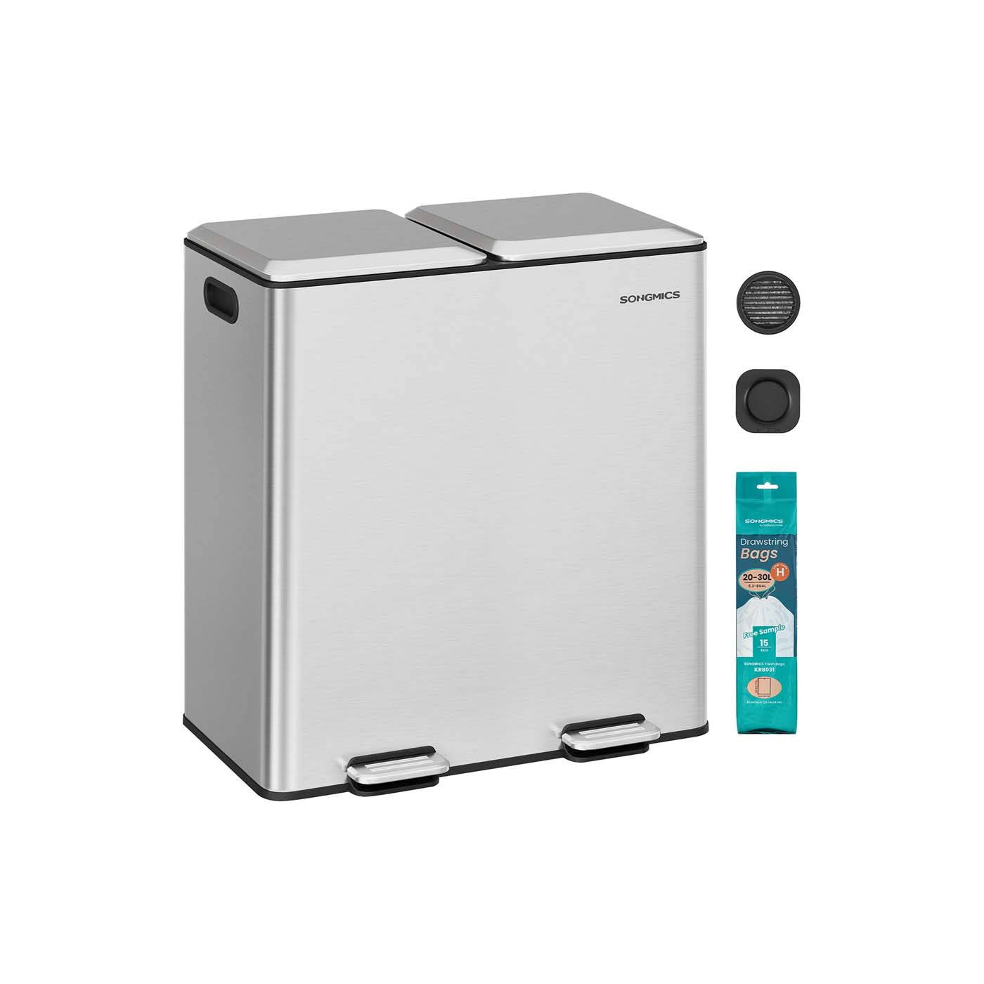 Double Kitchen Bin - Stainless Steel - Metallic Silver - Soft-Close Lids with Removable Inner Buckets