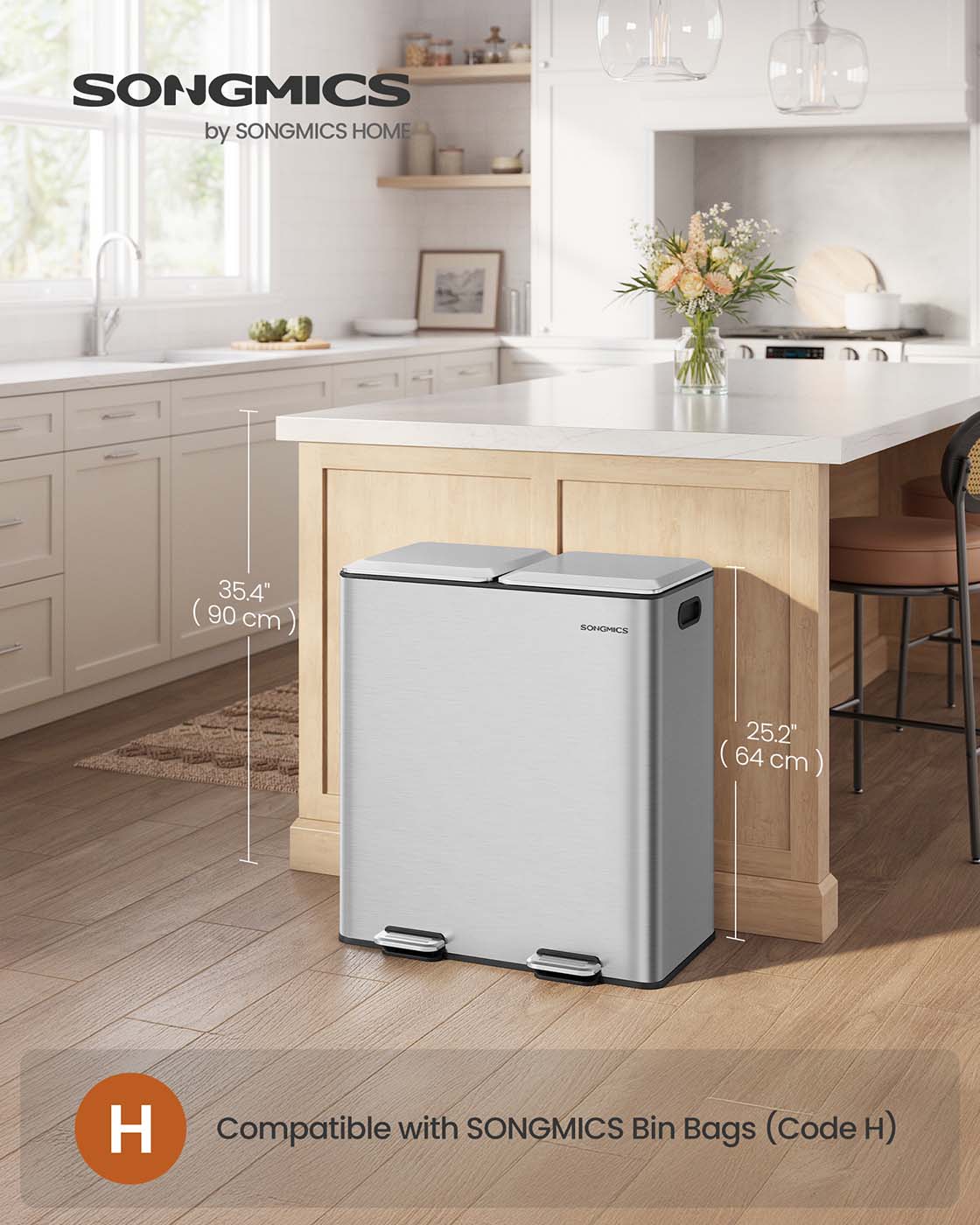 Double Kitchen Bin - Stainless Steel - Metallic Silver - Soft-Close Lids with Removable Inner Buckets