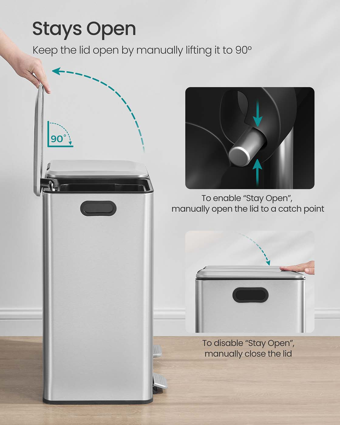 Double Kitchen Bin - Stainless Steel - Metallic Silver - Soft-Close Lids with Removable Inner Buckets