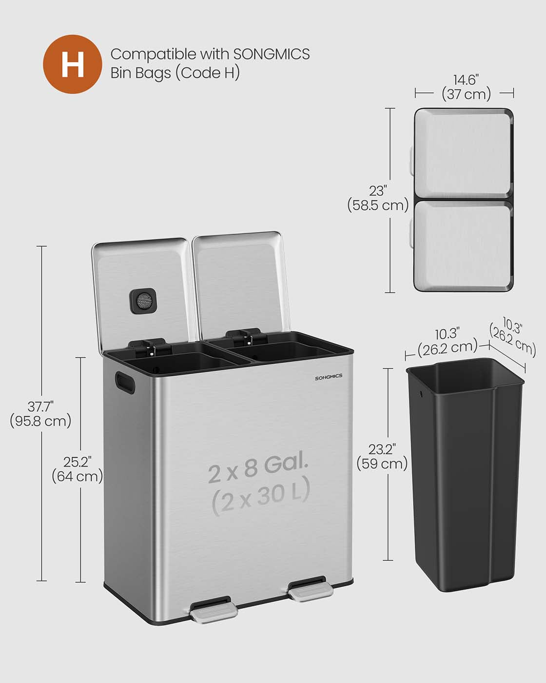 Double Kitchen Bin - Stainless Steel - Metallic Silver - Soft-Close Lids with Removable Inner Buckets