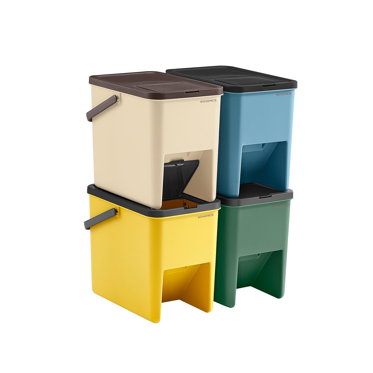 Set of 4 Stackable Recycling Bins - Plastic - Beige and Green - 20L Each with Press-to-Open Lids and Waste Separation System
