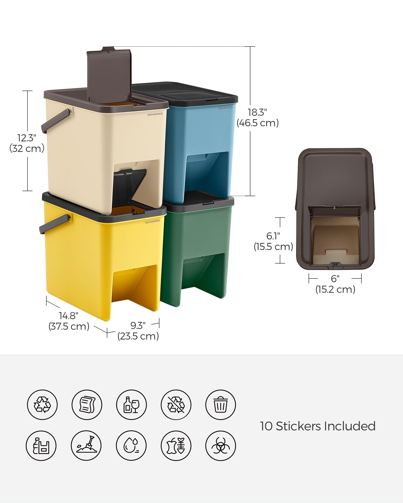 Set of 4 Stackable Recycling Bins - Plastic - Beige and Green - 20L Each with Press-to-Open Lids and Waste Separation System