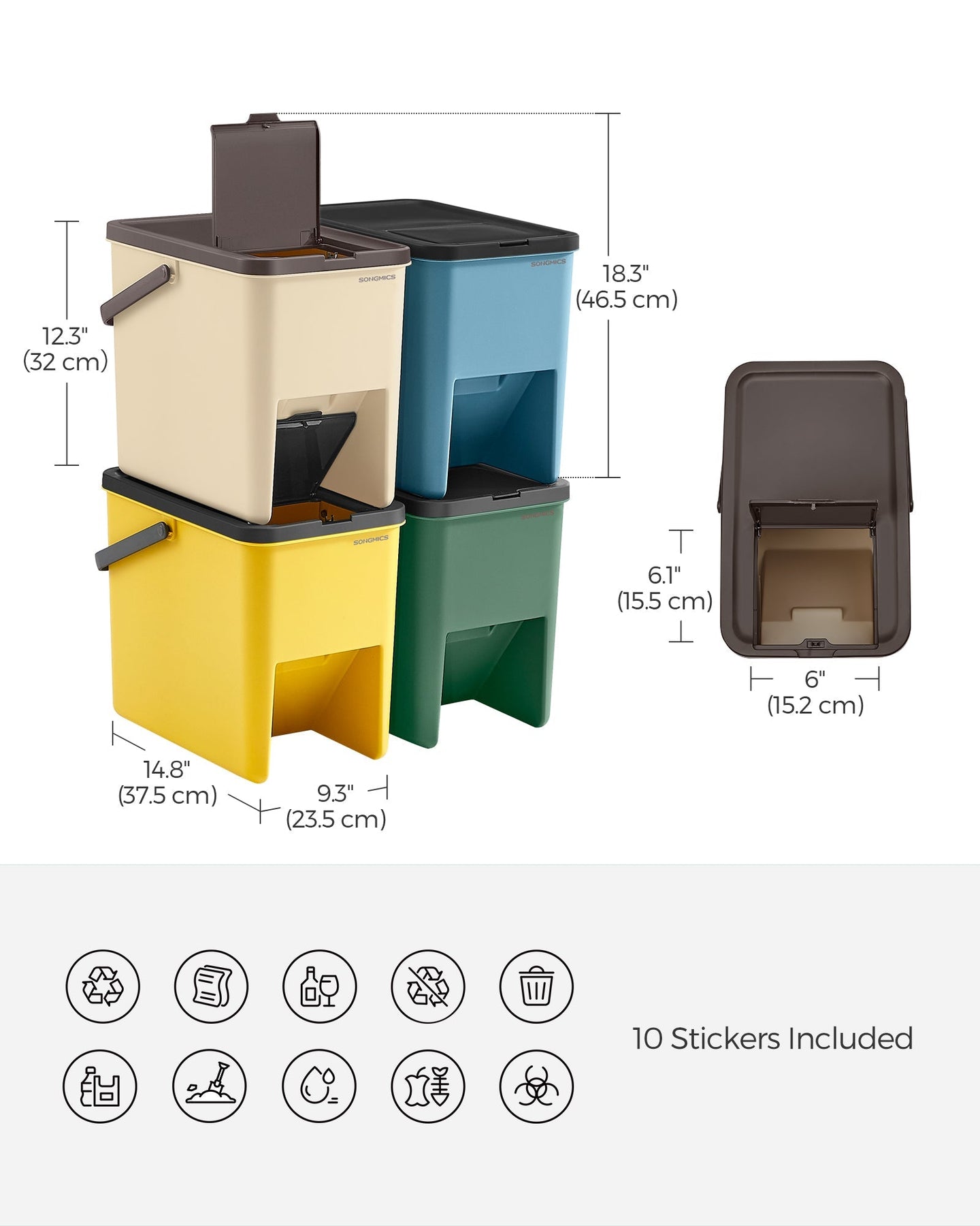 Set of 4 Stackable Recycling Bins - Plastic - Beige and Green - 20L Each with Press-to-Open Lids and Waste Separation System