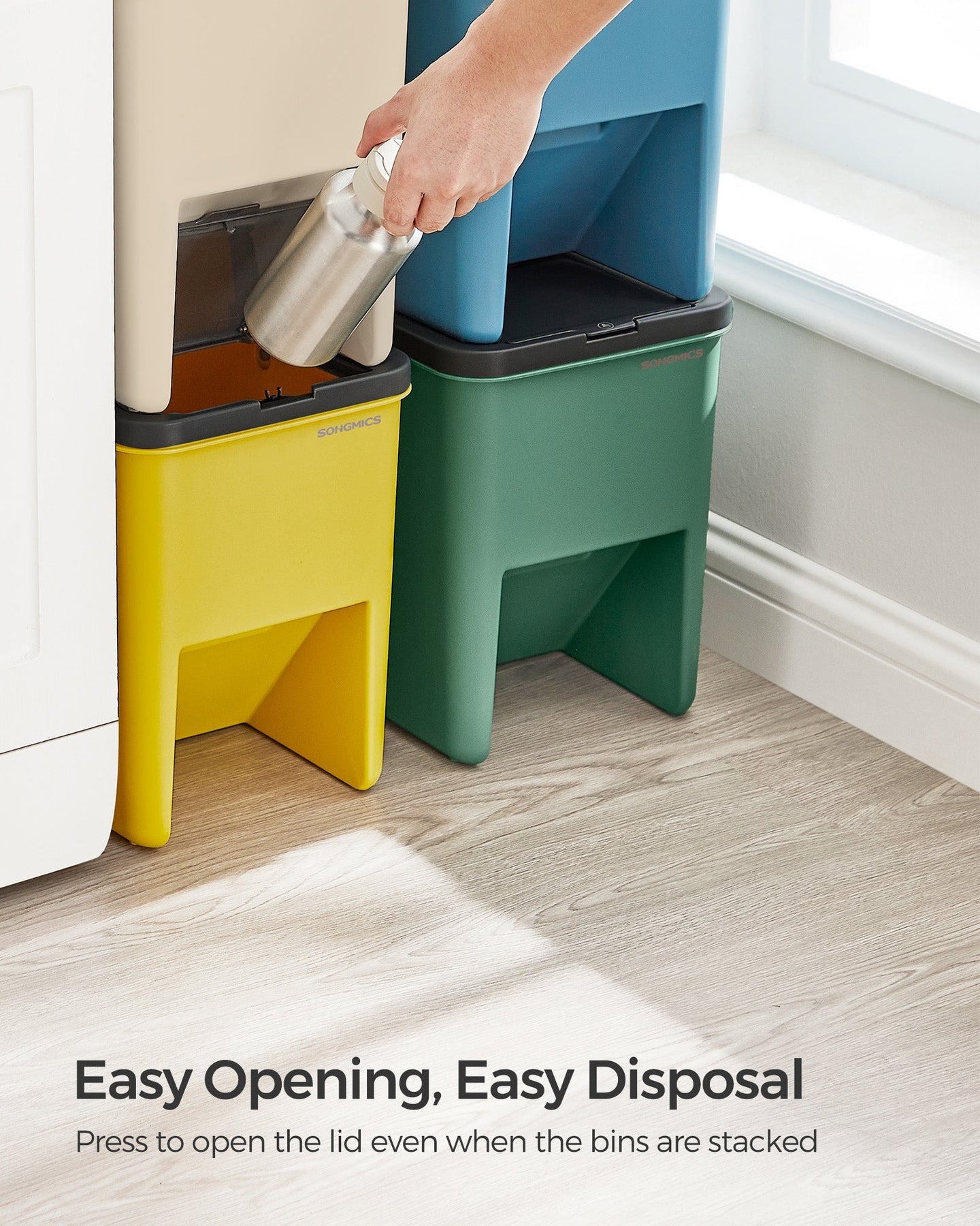 Set of 4 Stackable Recycling Bins - Plastic - Beige and Green - 20L Each with Press-to-Open Lids and Waste Separation System