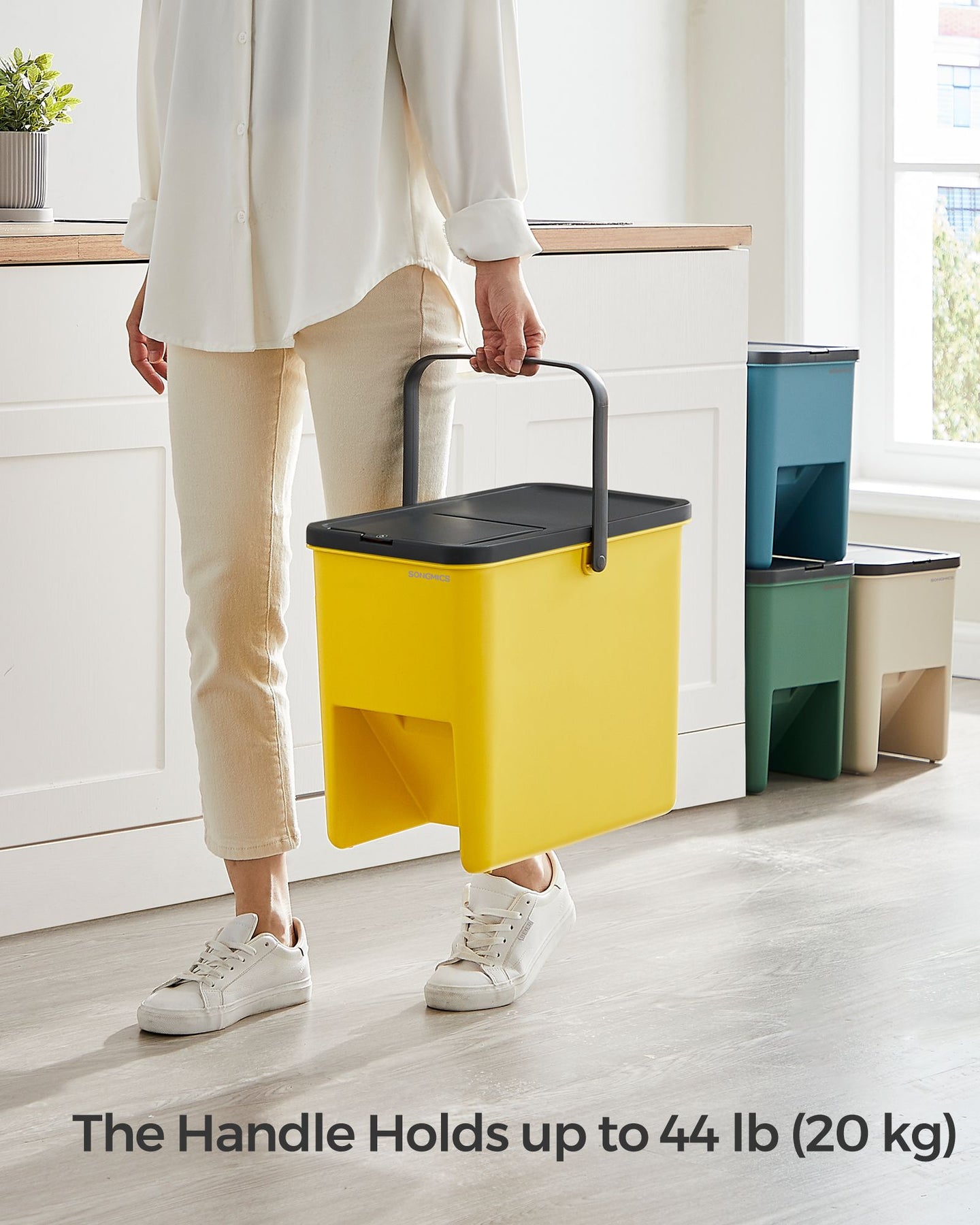 Set of 4 Stackable Recycling Bins - Plastic - Beige and Green - 20L Each with Press-to-Open Lids and Waste Separation System