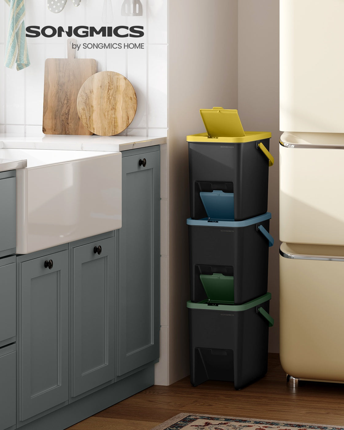 Set of 3 Stackable Trash Bins - PP - Yellow