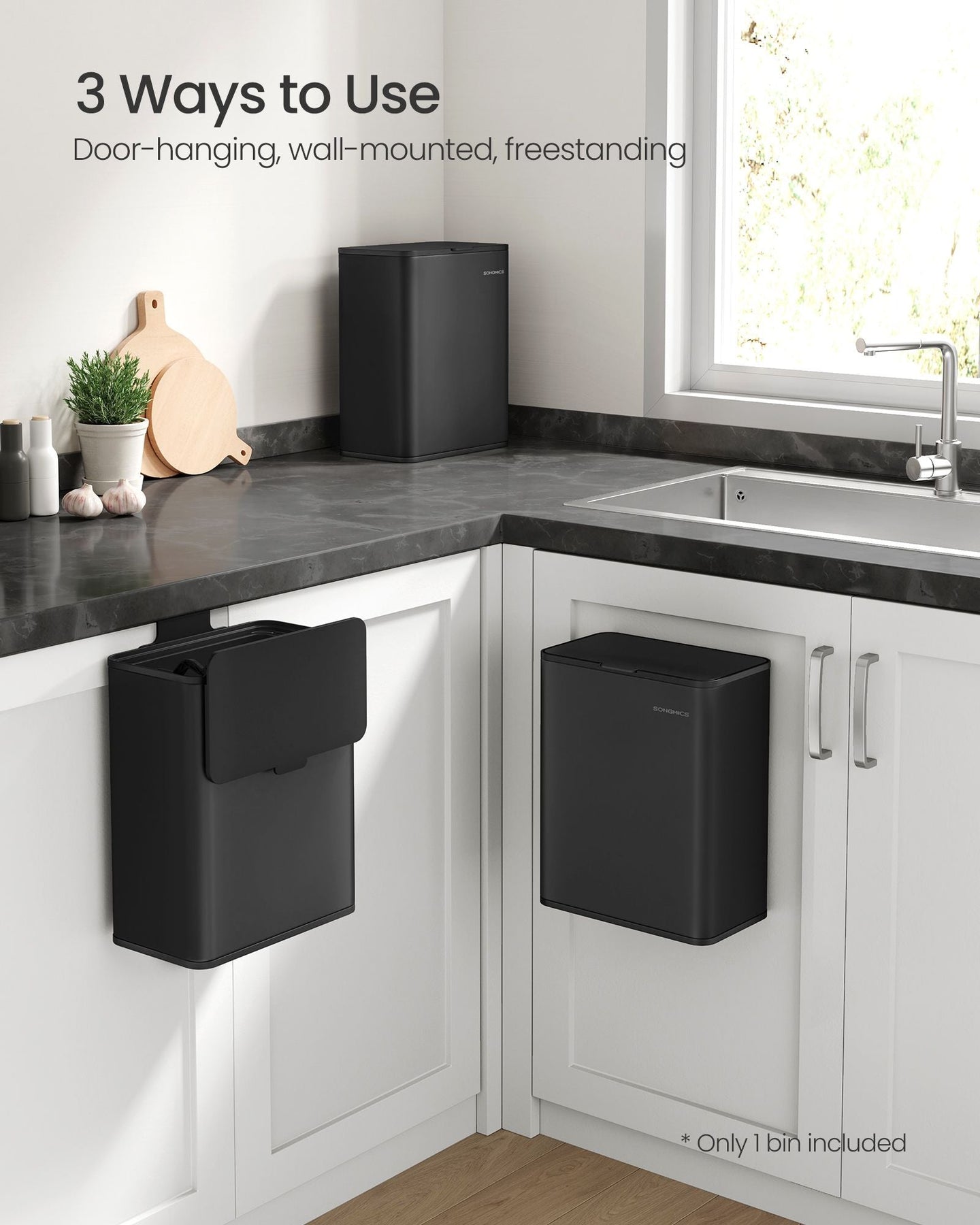 Hanging Kitchen Bin - Steel - Ink Black - 8L Capacity with Lid and Hooks