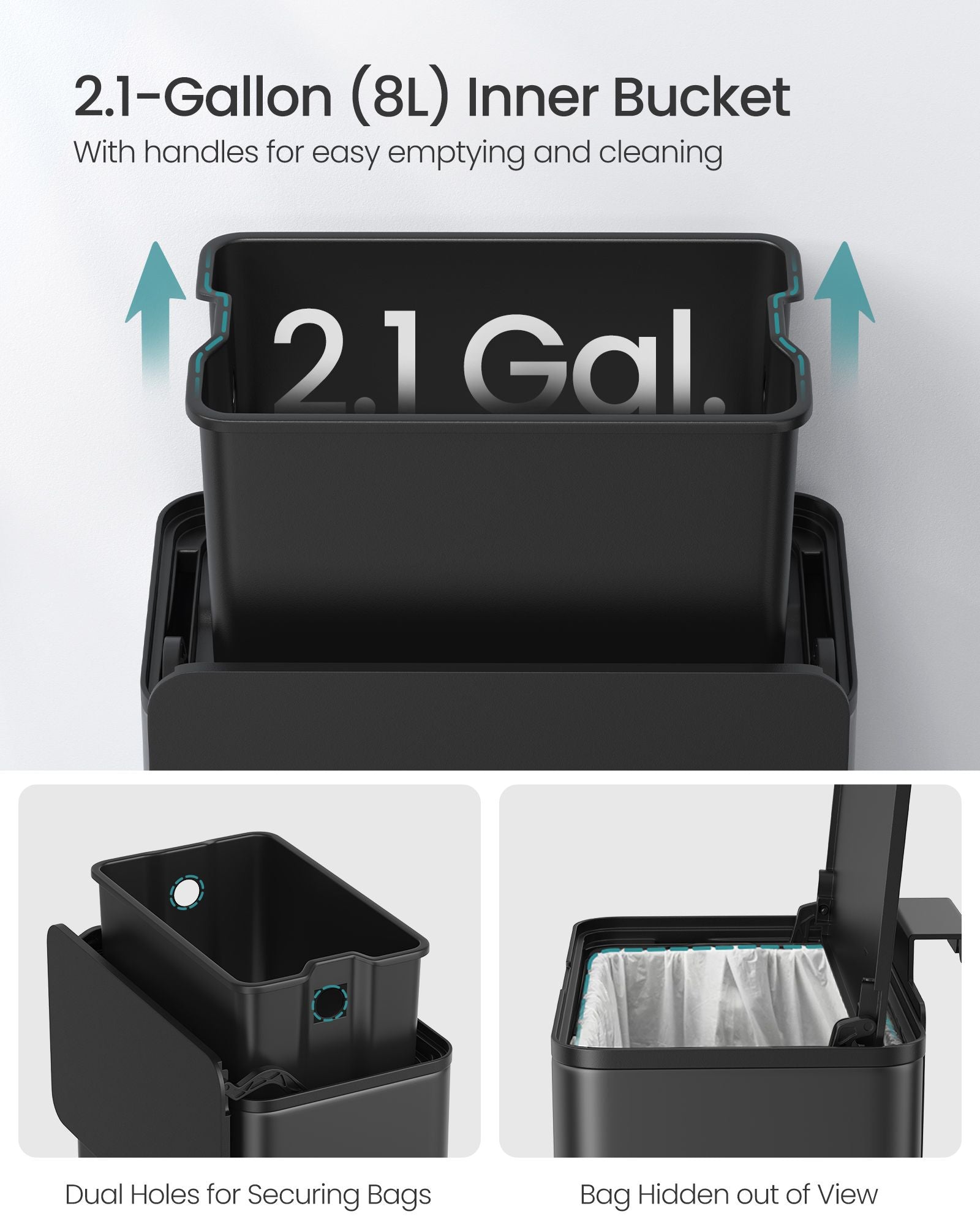 Hanging Kitchen Bin - Steel - Ink Black - 8L Capacity with Lid and Hooks
