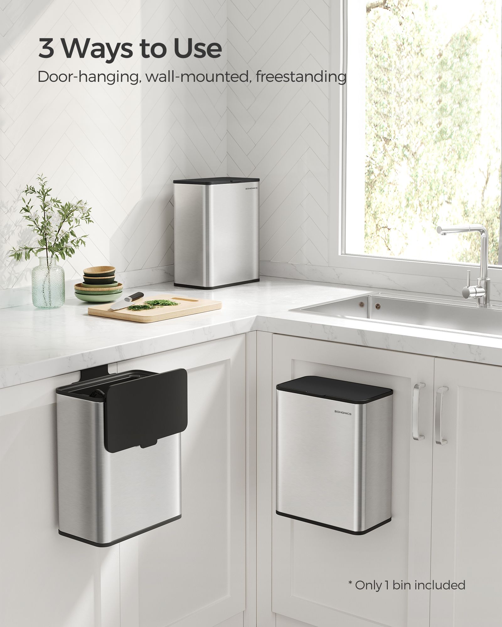 8L Steel Hanging Kitchen Bin - Silver - Lid Included