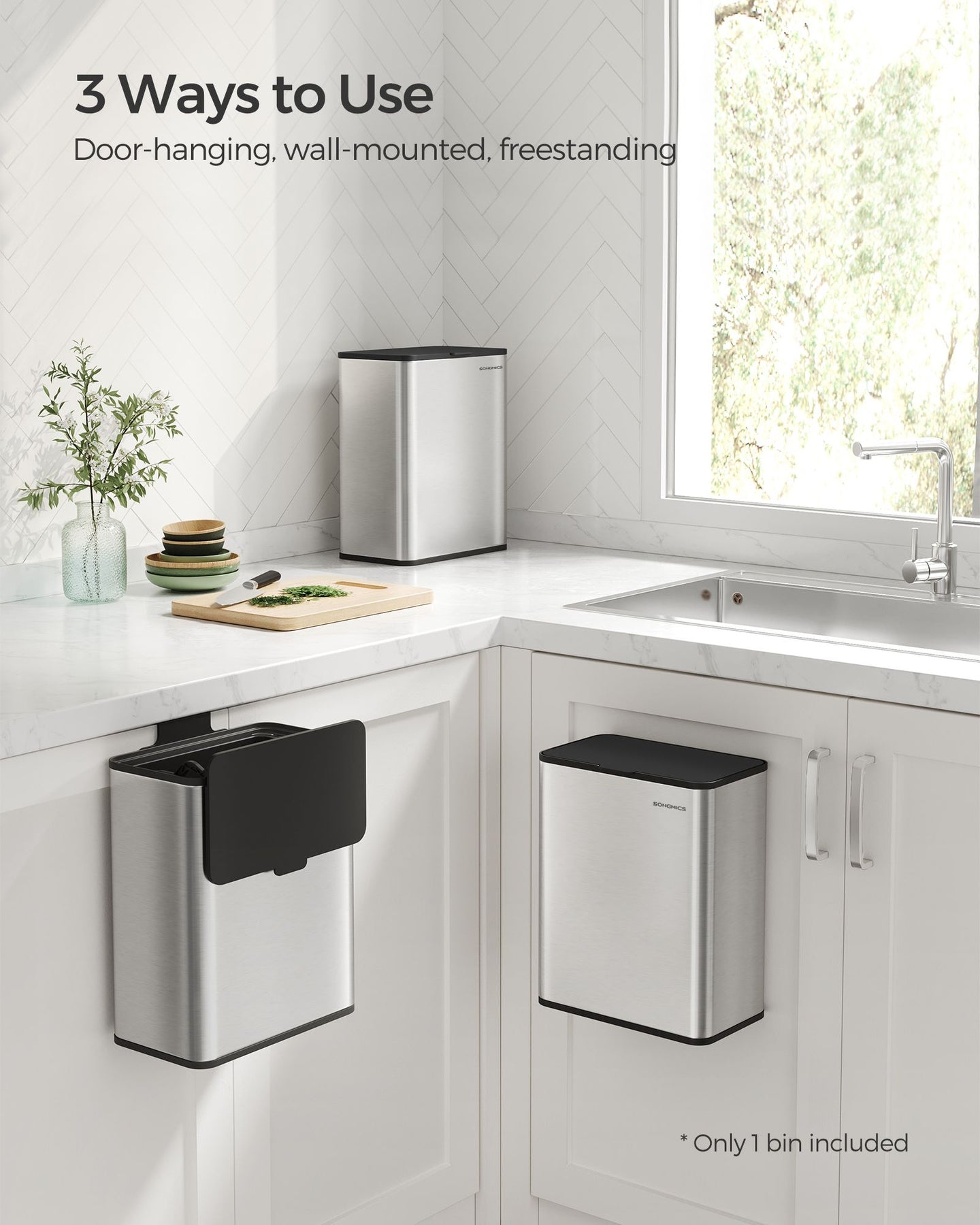 8L Steel Hanging Kitchen Bin - Silver - Lid Included