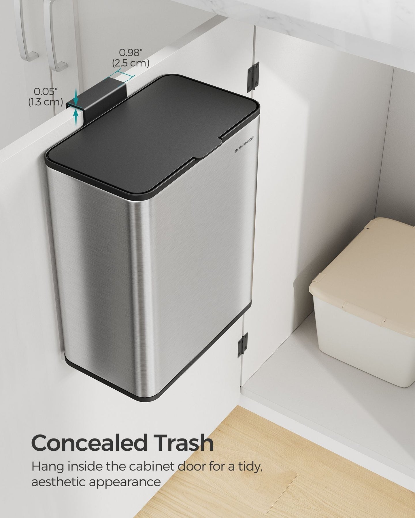 8L Steel Hanging Kitchen Bin - Silver - Lid Included