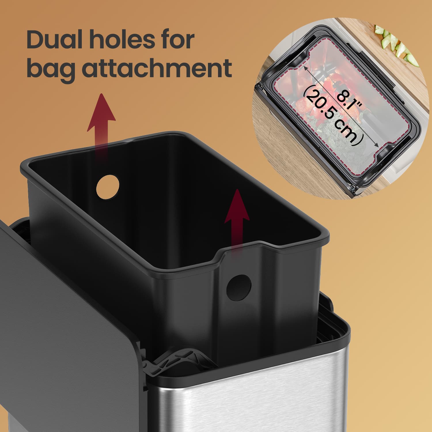 Hanging Kitchen Trash Can - 8L - Steel - Lid with Wall-Mount and Cabinet Door Hooks