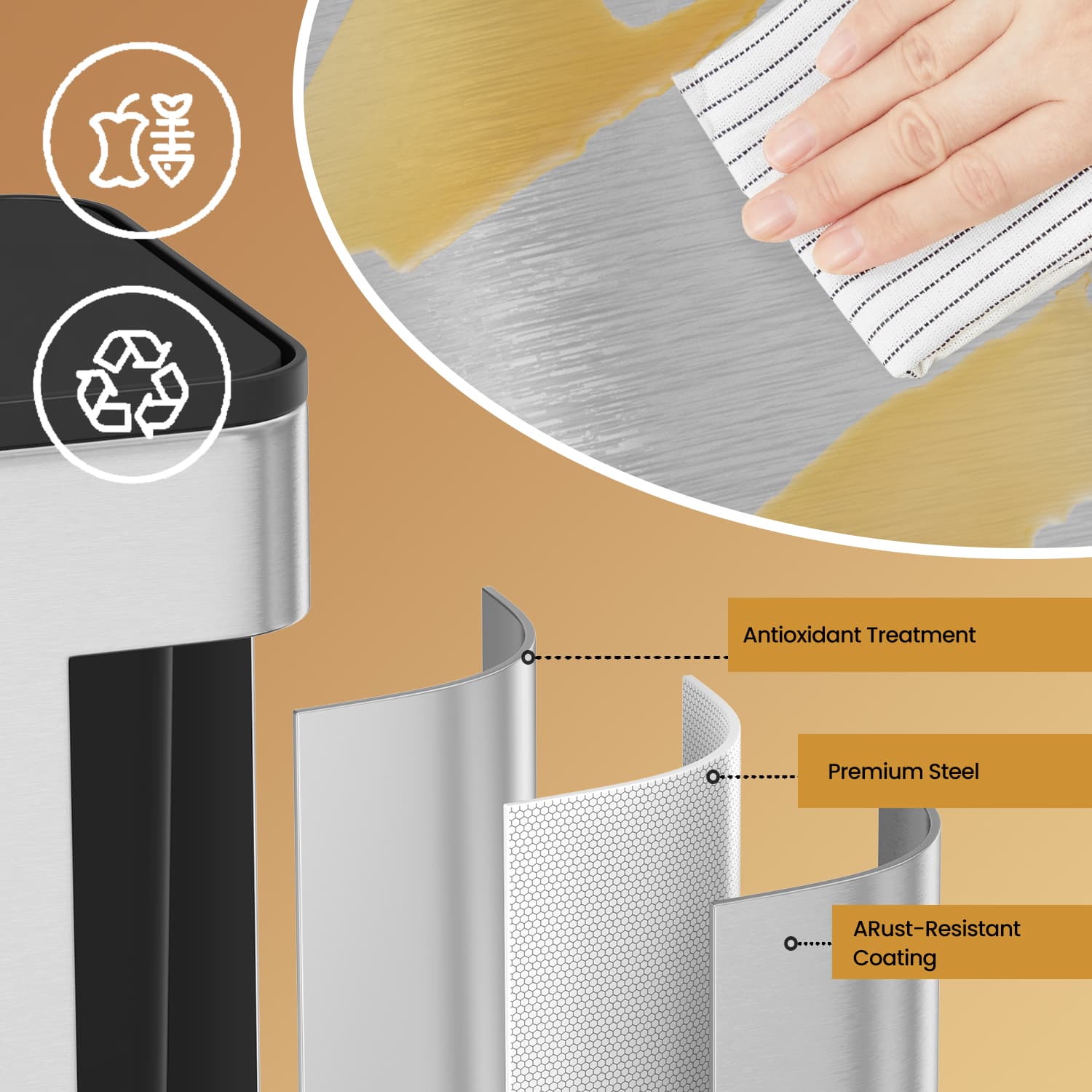 Hanging Kitchen Trash Can - 8L - Steel - Lid with Wall-Mount and Cabinet Door Hooks