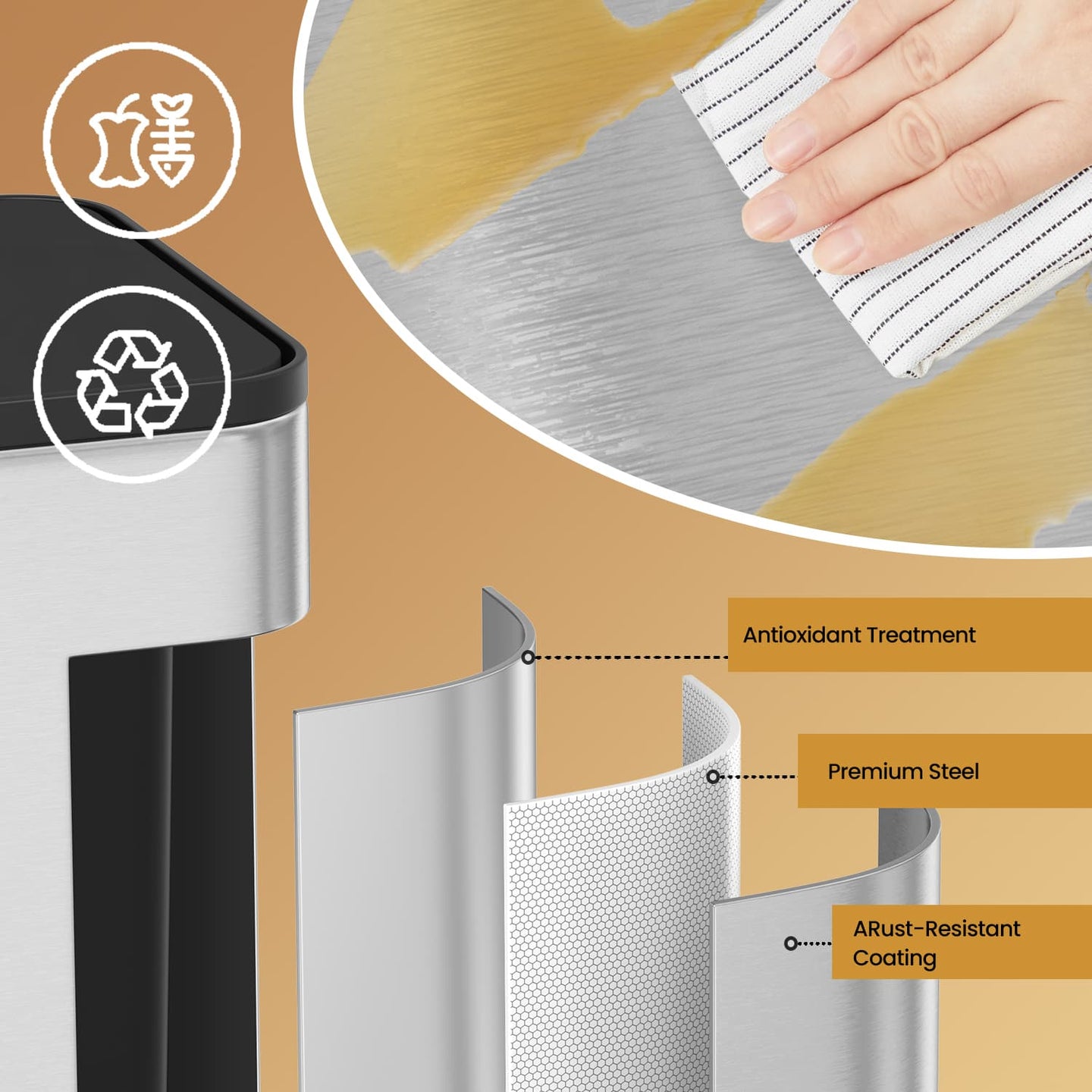 Hanging Kitchen Trash Can - 8L - Steel - Lid with Wall-Mount and Cabinet Door Hooks