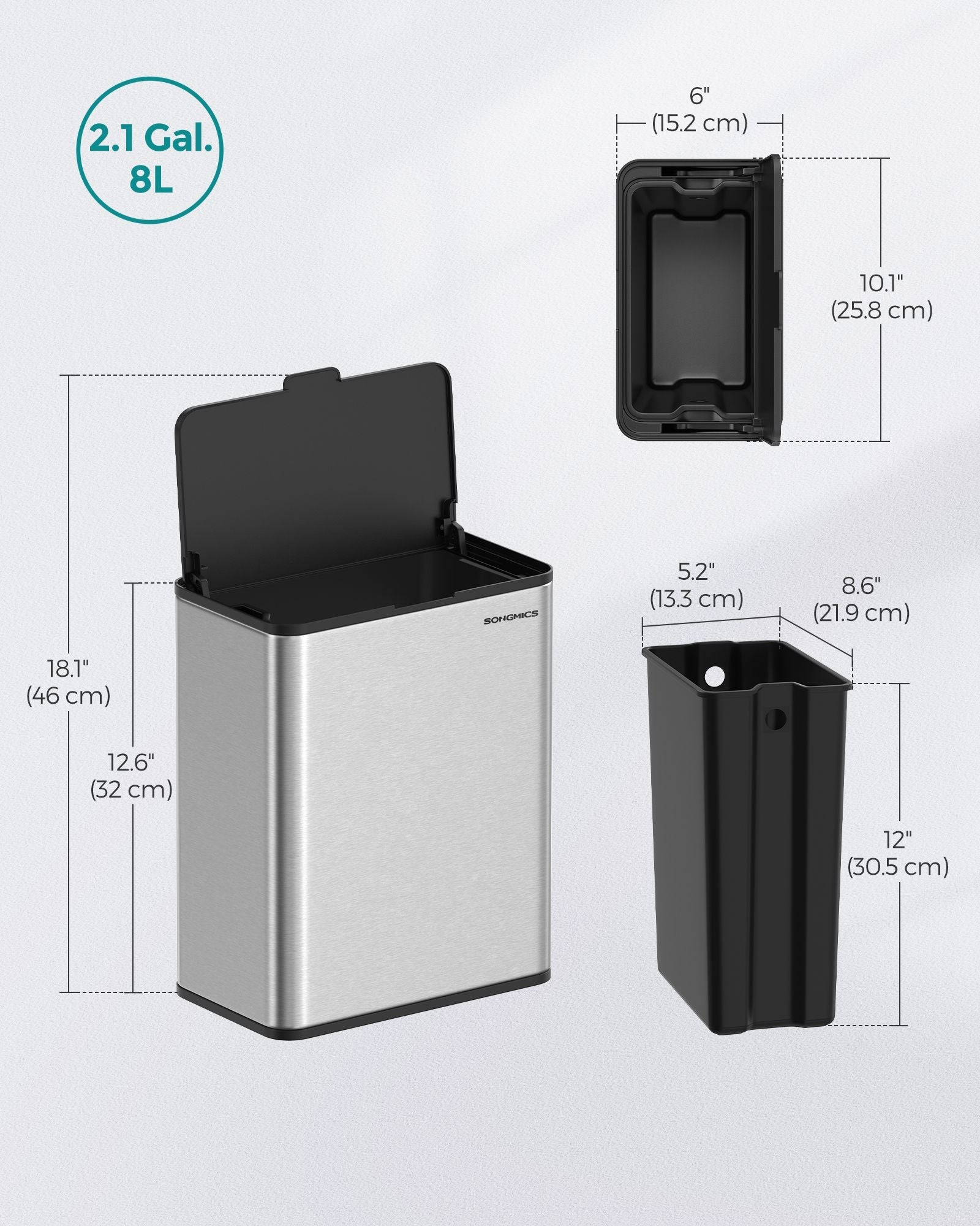 8L Steel Hanging Kitchen Bin - Silver - Lid Included