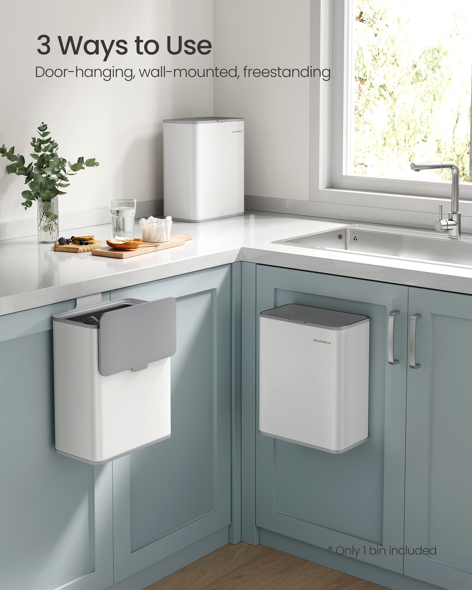 Hanging Steel Kitchen Bin - 8L Capacity - Cloud White - Lid for Food Waste with Hooks