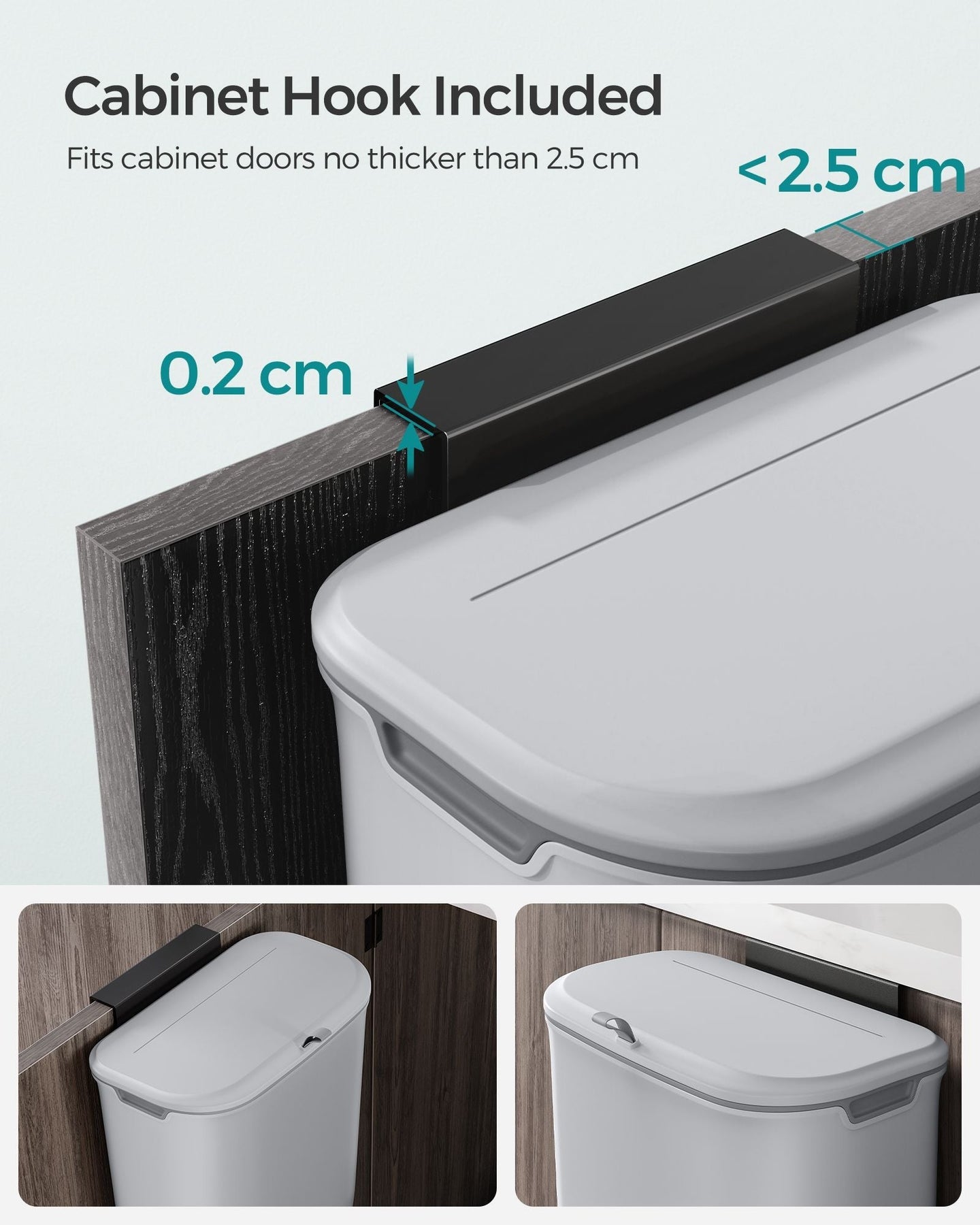 Hanging Trash Can - Plastic - White - 9L Capacity with Lid for Food Waste