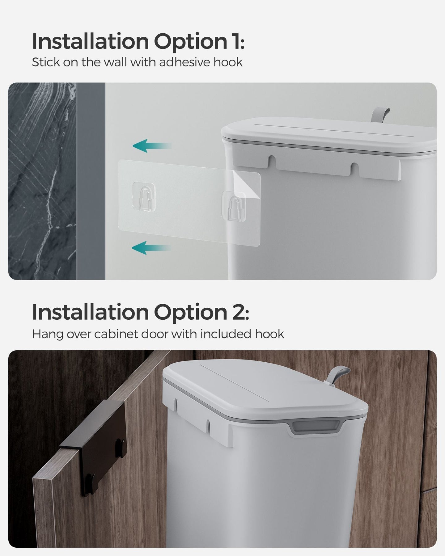 Hanging Trash Can - Plastic - White - 9L Capacity with Lid for Food Waste