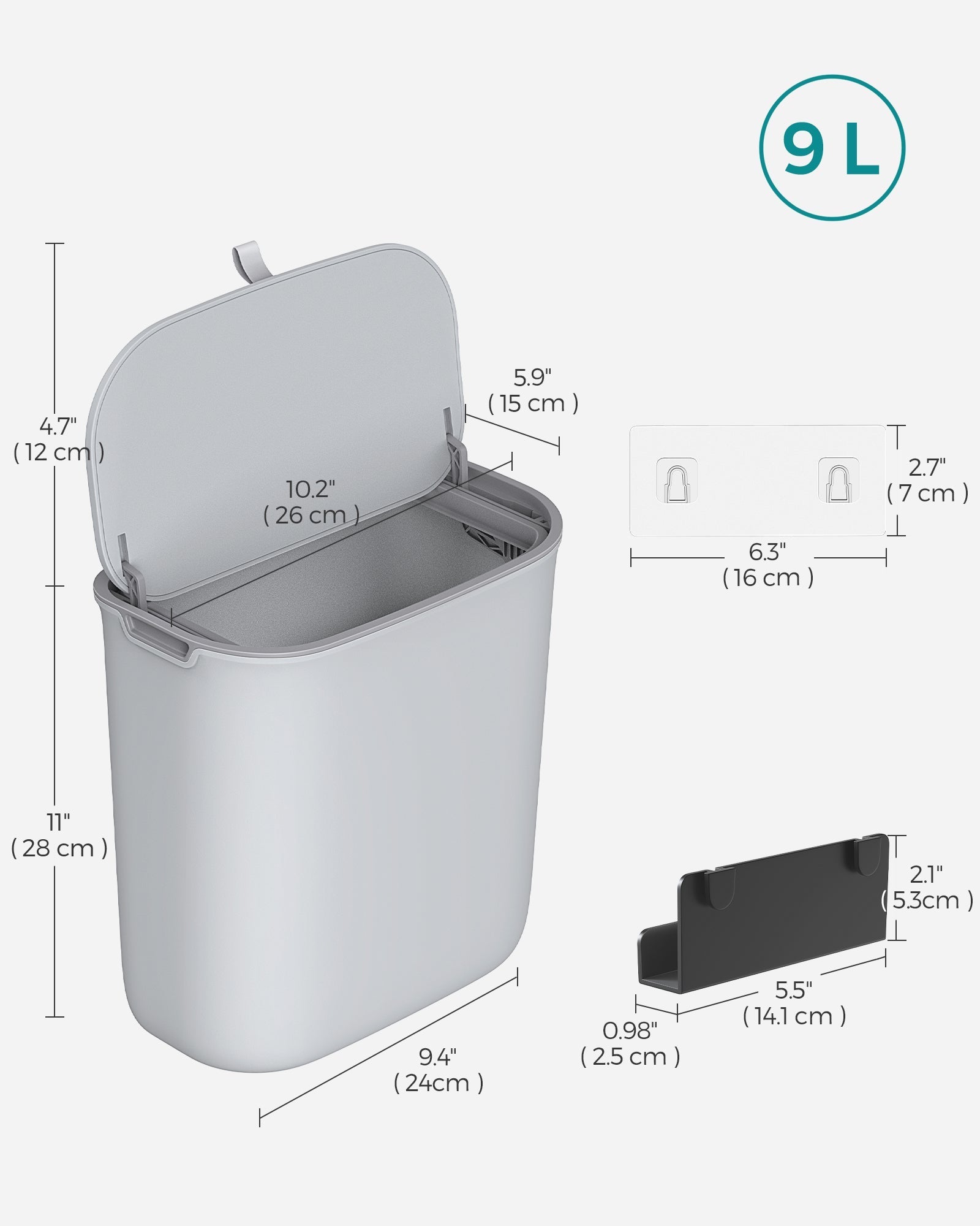 Hanging Trash Can - Plastic - White - 9L Capacity with Lid for Food Waste