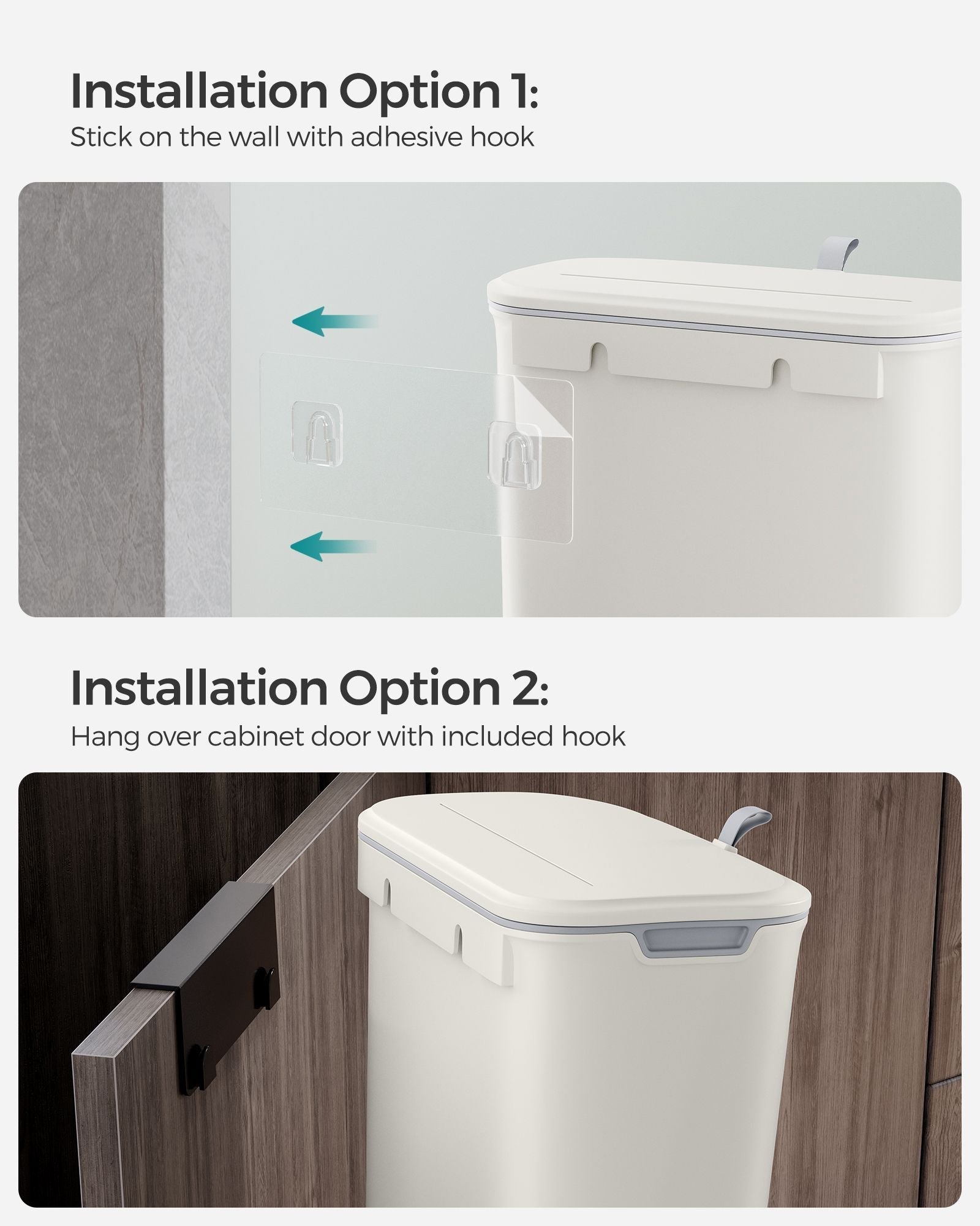 Hanging Trash Can - Plastic - White - 9L Capacity with Lid
