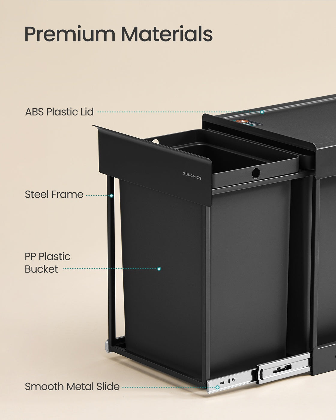 Kitchen Bin 5.3 Gallon Built-in Pull-Out Steel Frame - Steel Frame and ABS Lid - Ink Black