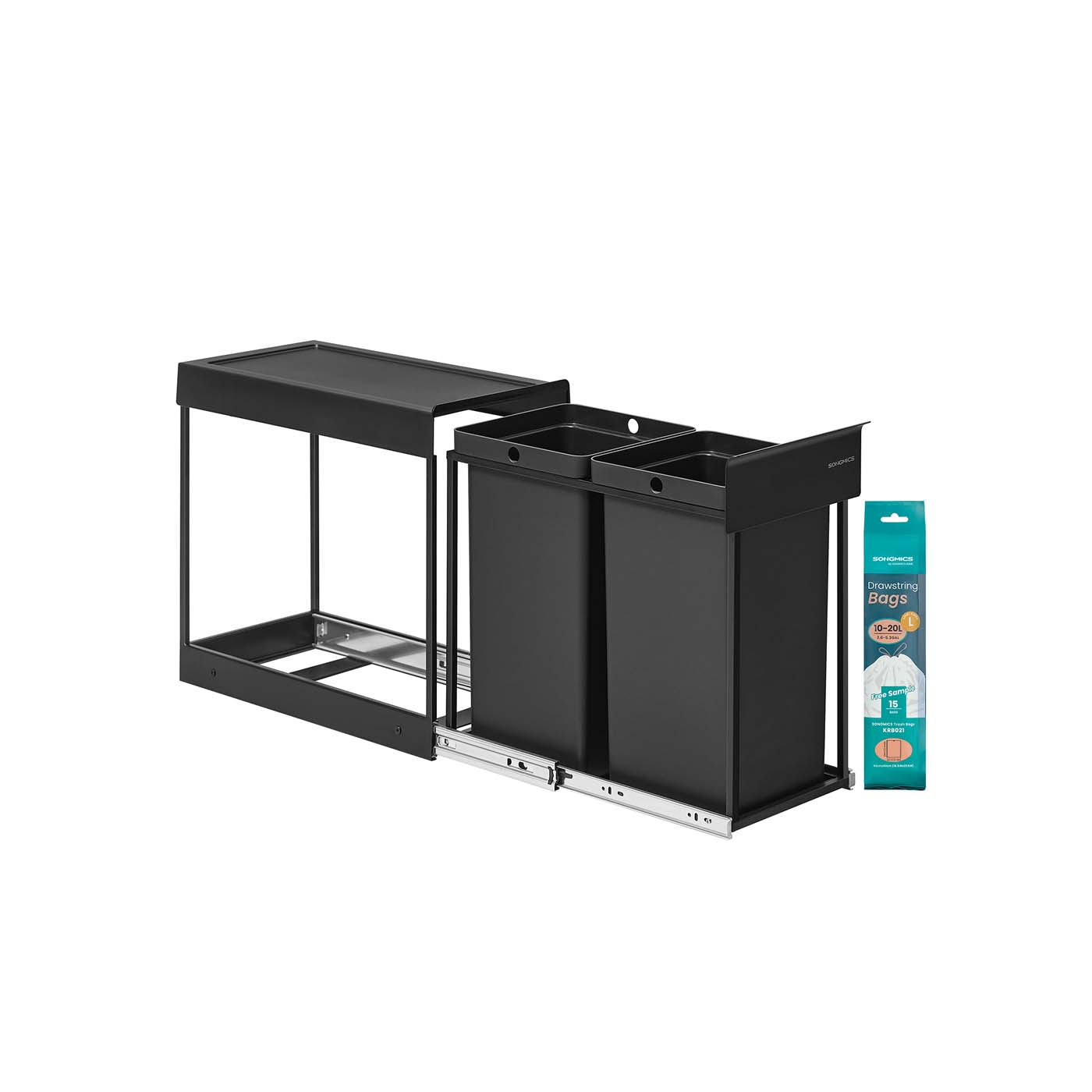 Pull-Out Kitchen Bin - Steel Frame with ABS Lid - Ink Black - Double Compartment for Recycling and Waste
