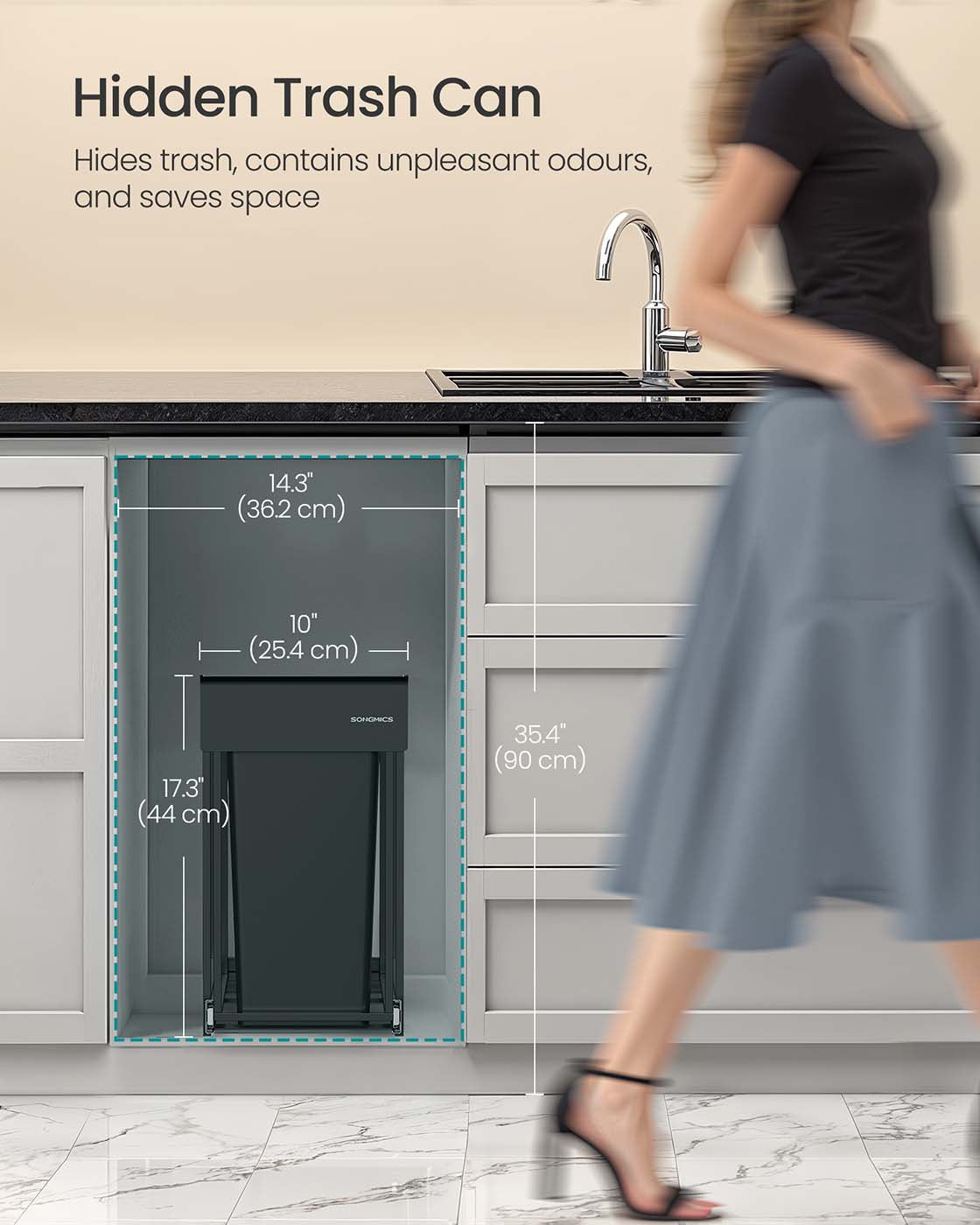 Pull-Out Kitchen Bin - Steel Frame with ABS Lid - Ink Black - Double Compartment for Recycling and Waste