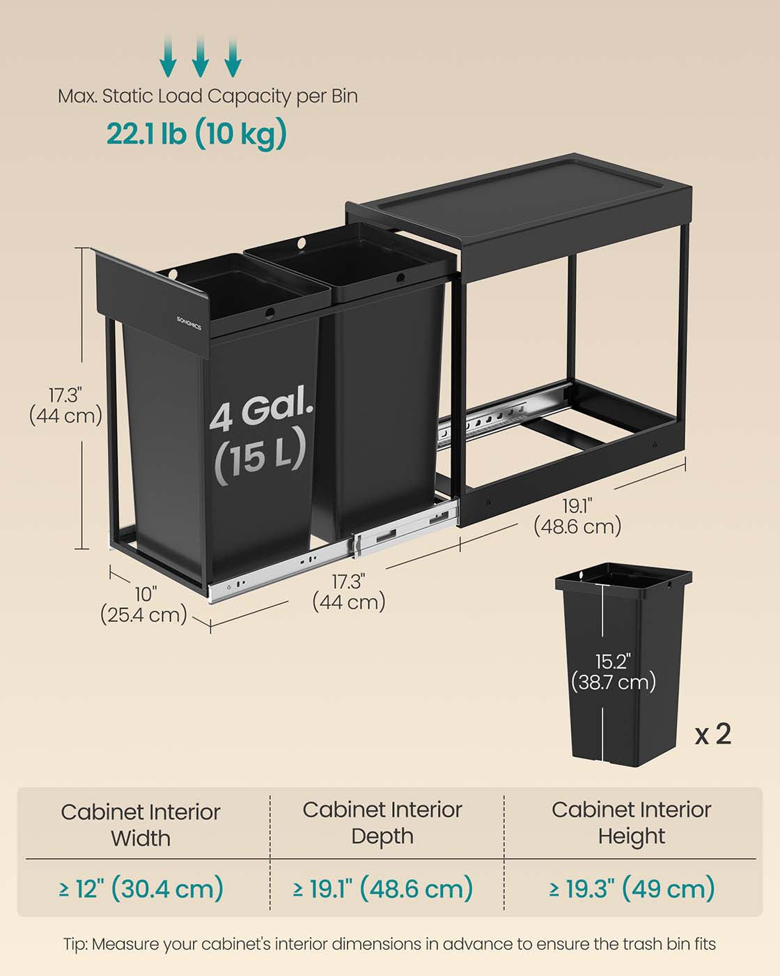 Pull-Out Kitchen Bin - Steel Frame with ABS Lid - Ink Black - Double Compartment for Recycling and Waste