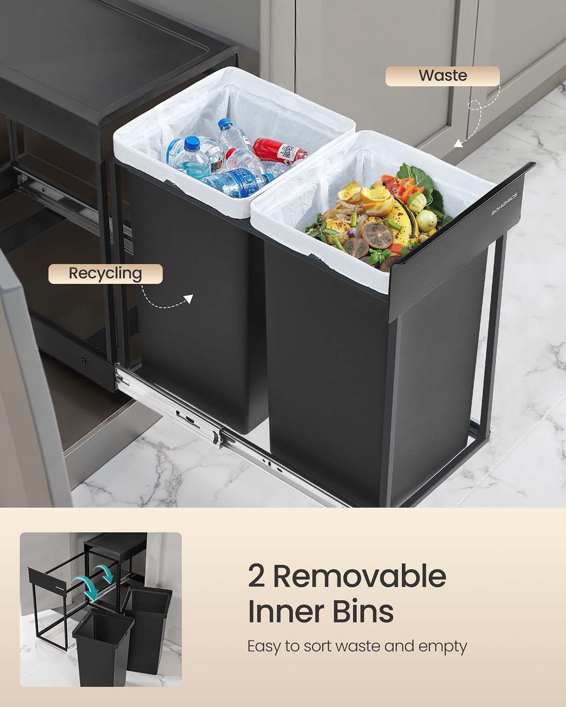 Pull-Out Kitchen Bin - Steel Frame with ABS Lid - Ink Black - Double Compartment for Recycling and Waste