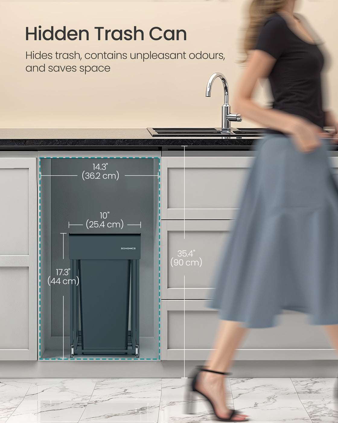 Kitchen Bin - Steel Frame - Ink Black - Built-in with Double Compartments and Smooth Pull-Out Design