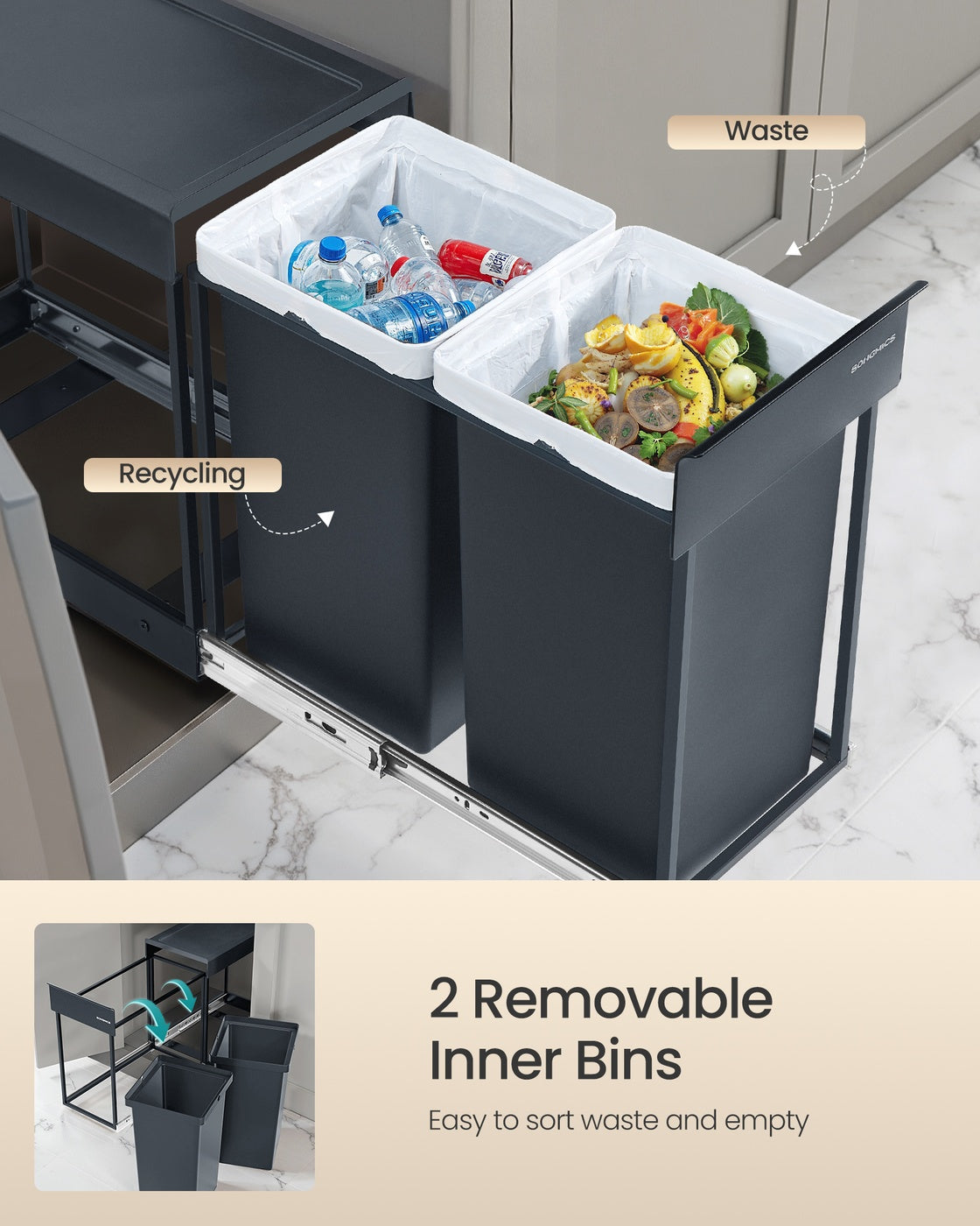 Kitchen Bin - Steel Frame - Ink Black - Built-in with Double Compartments and Smooth Pull-Out Design