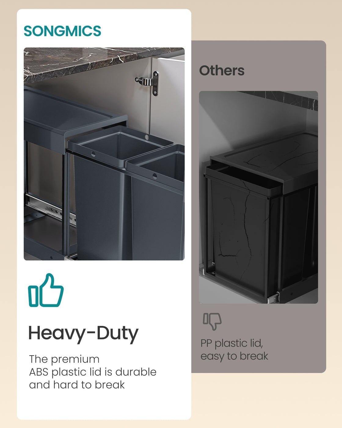 Kitchen Bin - Steel Frame - Ink Black - Built-in with Double Compartments and Smooth Pull-Out Design