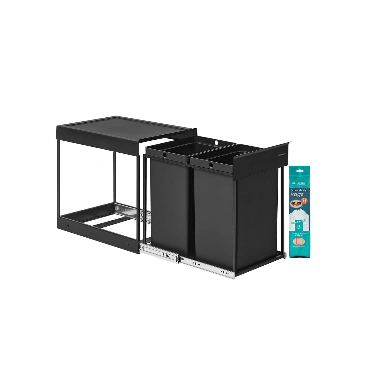 Pull-Out Kitchen Bin - Steel Frame with ABS Lid - Ink Black - Double Compartment for Recycling and Waste