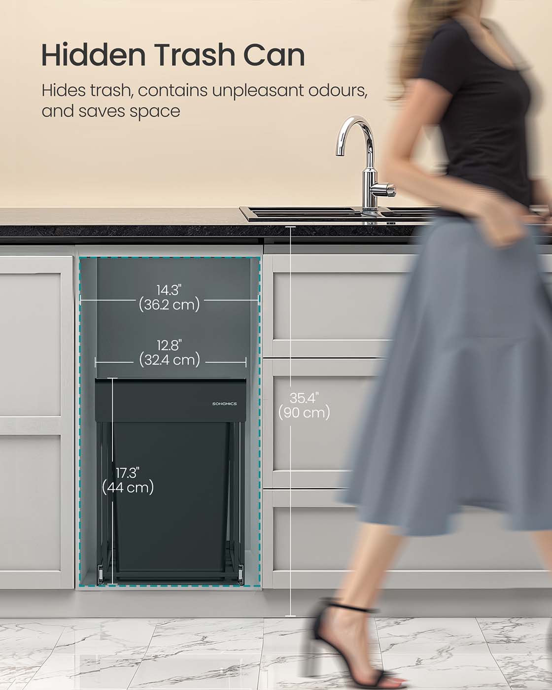 Pull-Out Kitchen Bin - Steel Frame with ABS Lid - Ink Black - Double Compartment for Recycling and Waste
