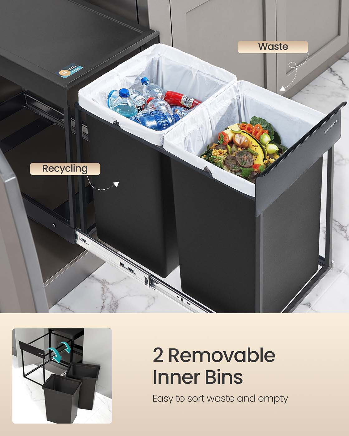 Pull-Out Kitchen Bin - Steel Frame with ABS Lid - Ink Black - Double Compartment for Recycling and Waste