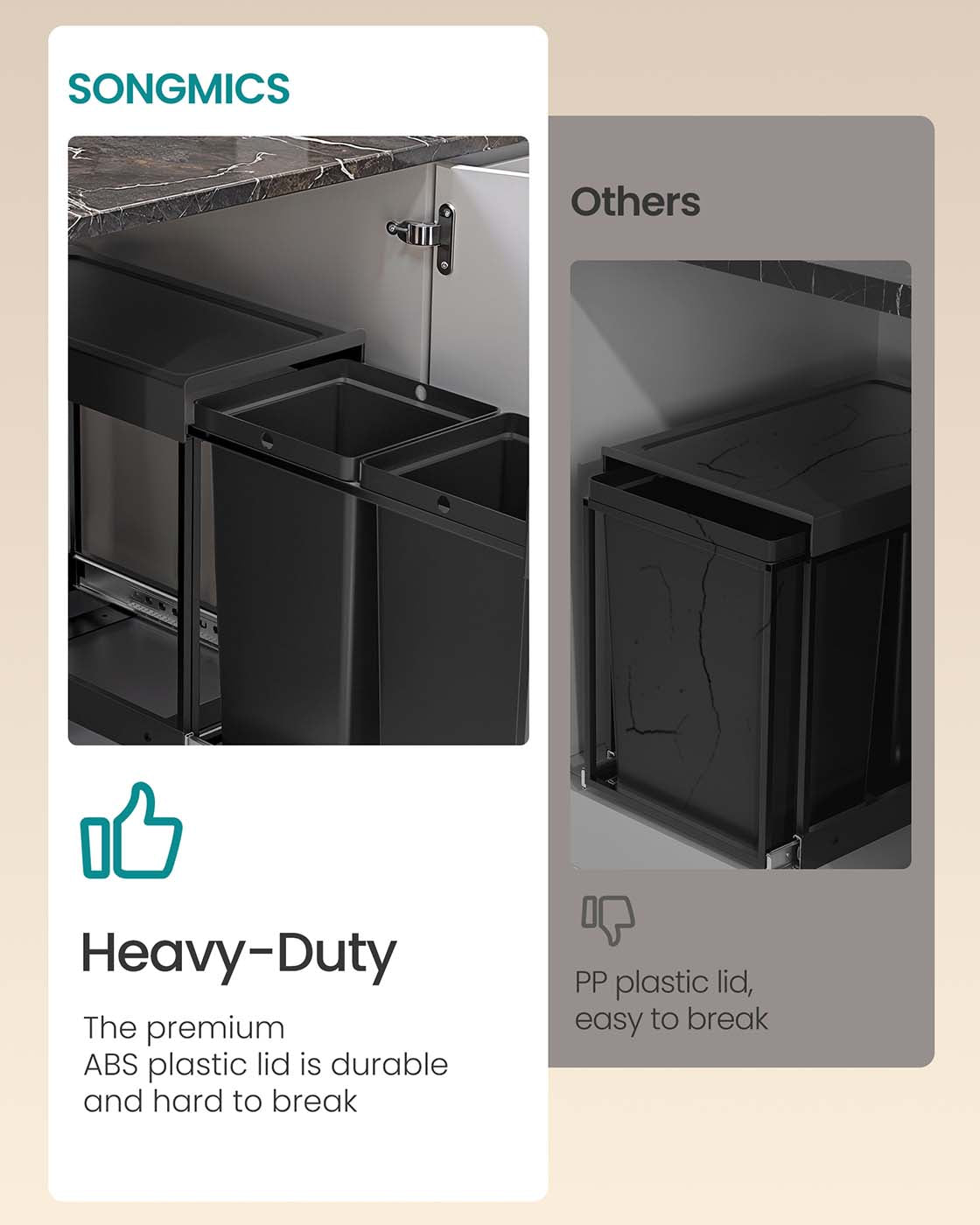 Pull-Out Kitchen Bin - Steel Frame with ABS Lid - Ink Black - Double Compartment for Recycling and Waste