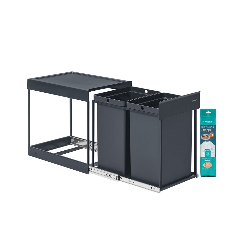 Pull-Out Kitchen Bin - Steel Frame with ABS Lid - Ink Black - Double Compartment for Recycling and Waste