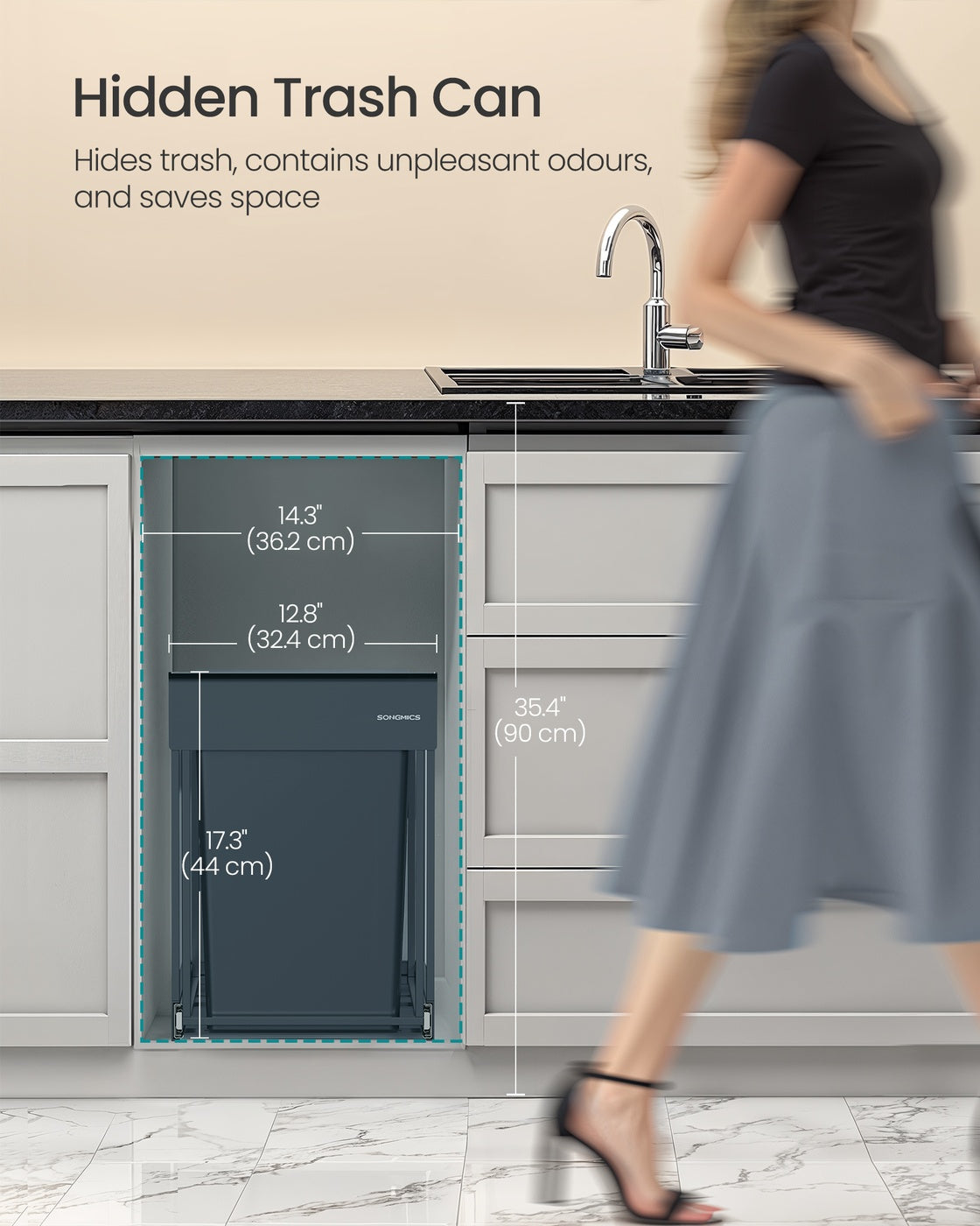 Pull-Out Kitchen Bin - Steel Frame with ABS Lid - Ink Black - Double Compartment for Recycling and Waste