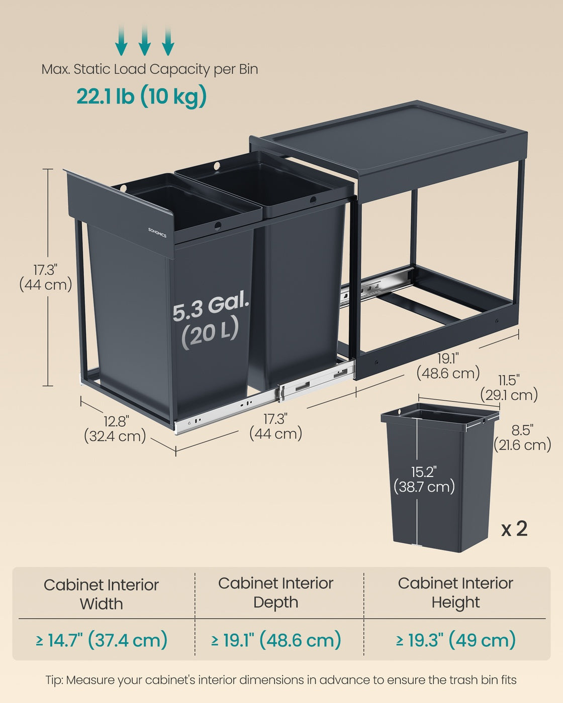 Pull-Out Kitchen Bin - Steel Frame with ABS Lid - Ink Black - Double Compartment for Recycling and Waste