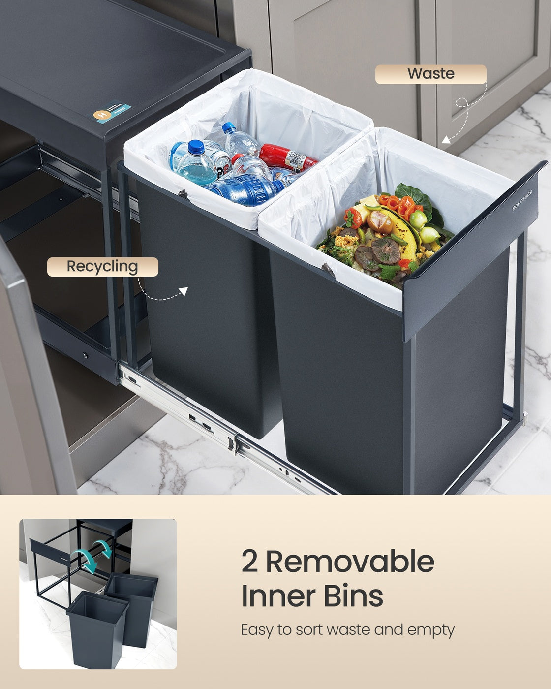 Pull-Out Kitchen Bin - Steel Frame with ABS Lid - Ink Black - Double Compartment for Recycling and Waste