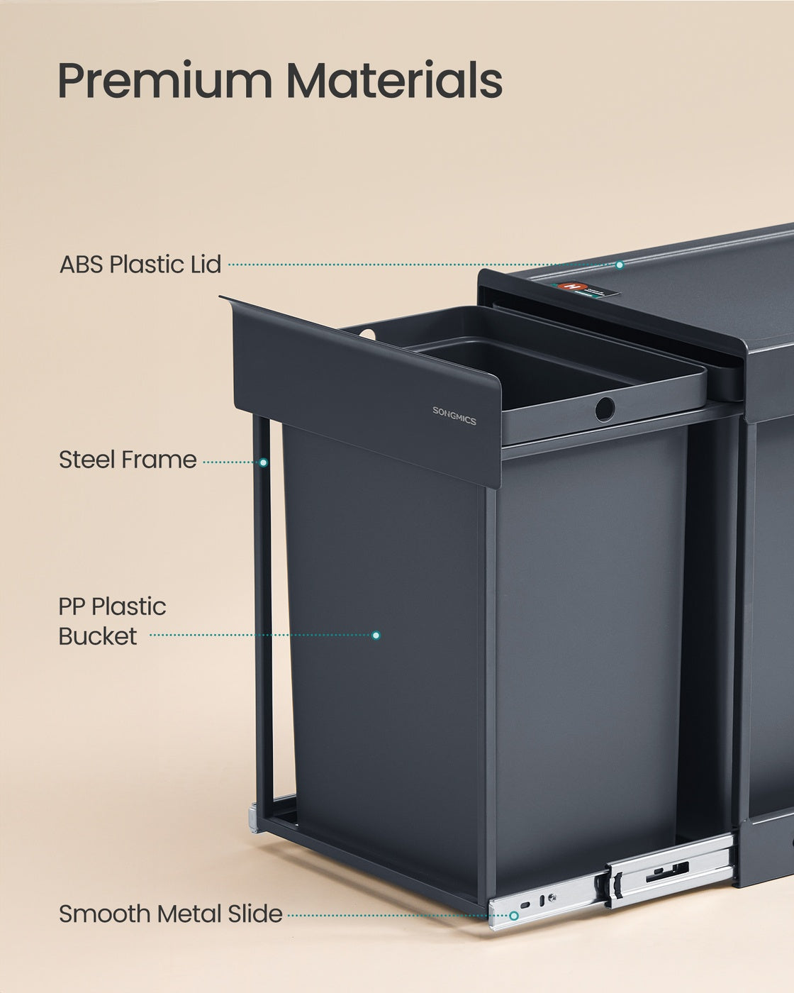 Pull-Out Kitchen Bin - Steel Frame with ABS Lid - Ink Black - Double Compartment for Recycling and Waste