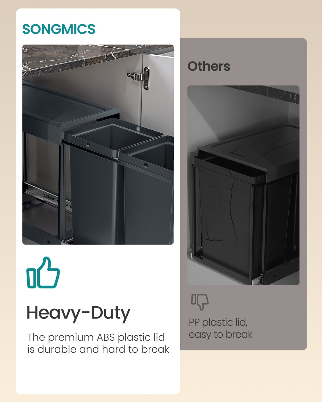 Pull-Out Kitchen Bin - Steel Frame with ABS Lid - Ink Black - Double Compartment for Recycling and Waste