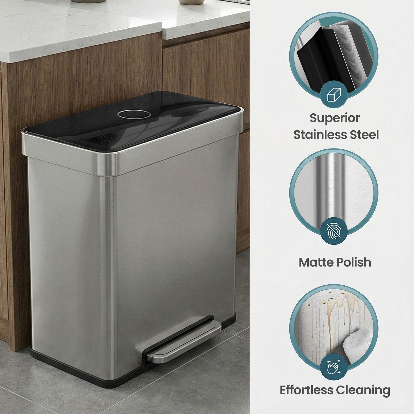 Kitchen Trash Can - 2 x 30L - Stainless Steel - Soft Close Lid