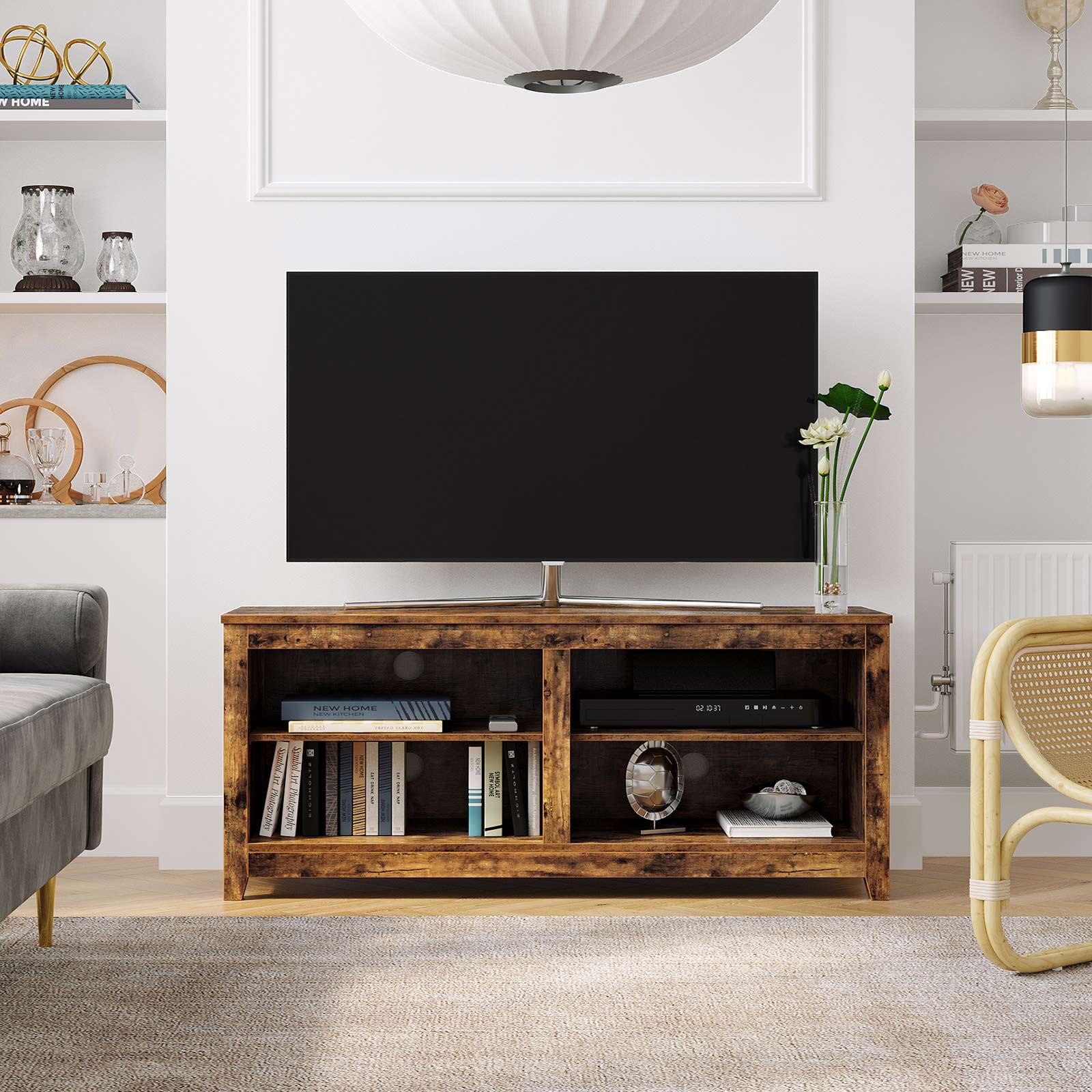 TV Stand - Engineered Wood - Rustic Brown - Open Shelves with Cable Holes