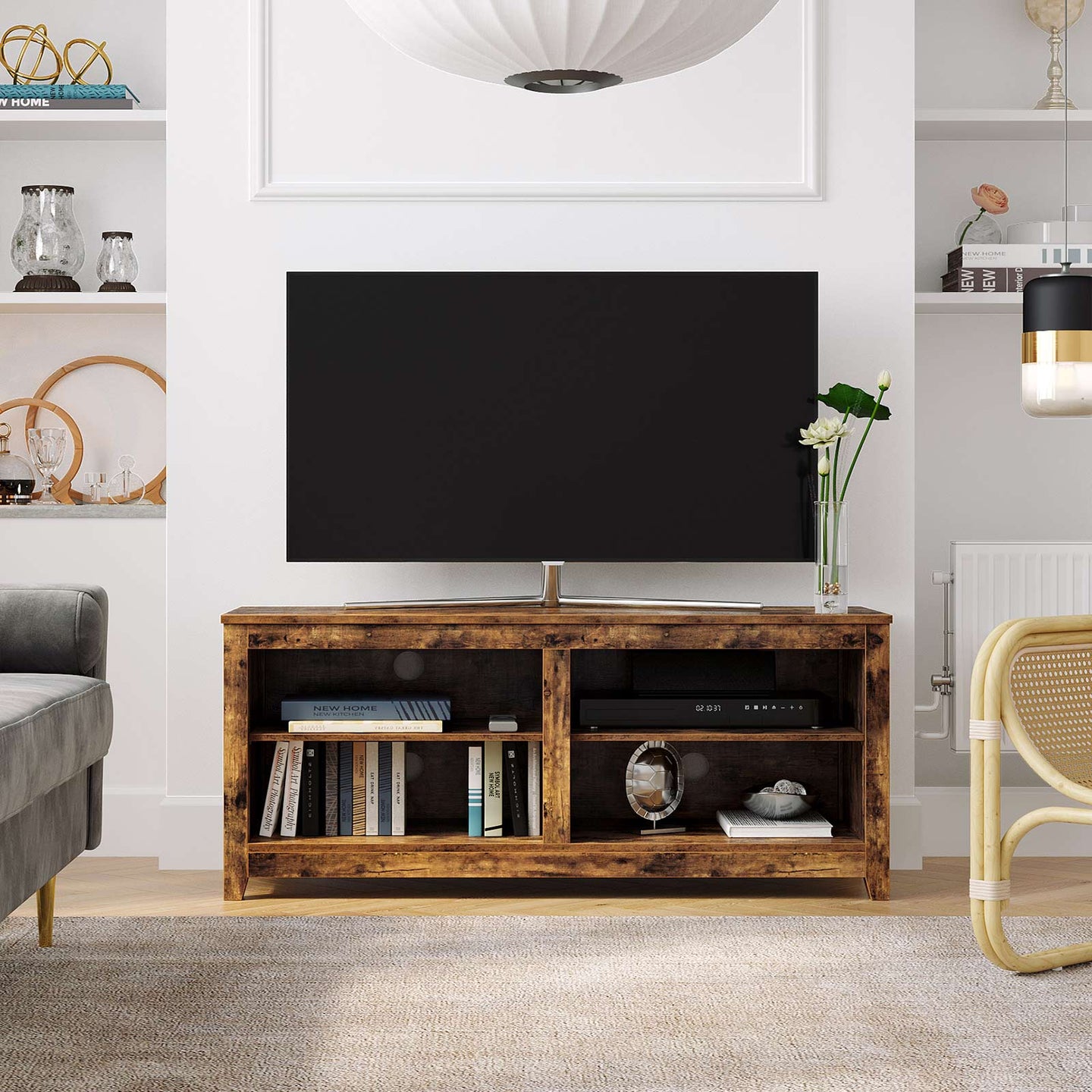 TV Stand - Engineered Wood - Rustic Brown - Open Shelves with Cable Holes