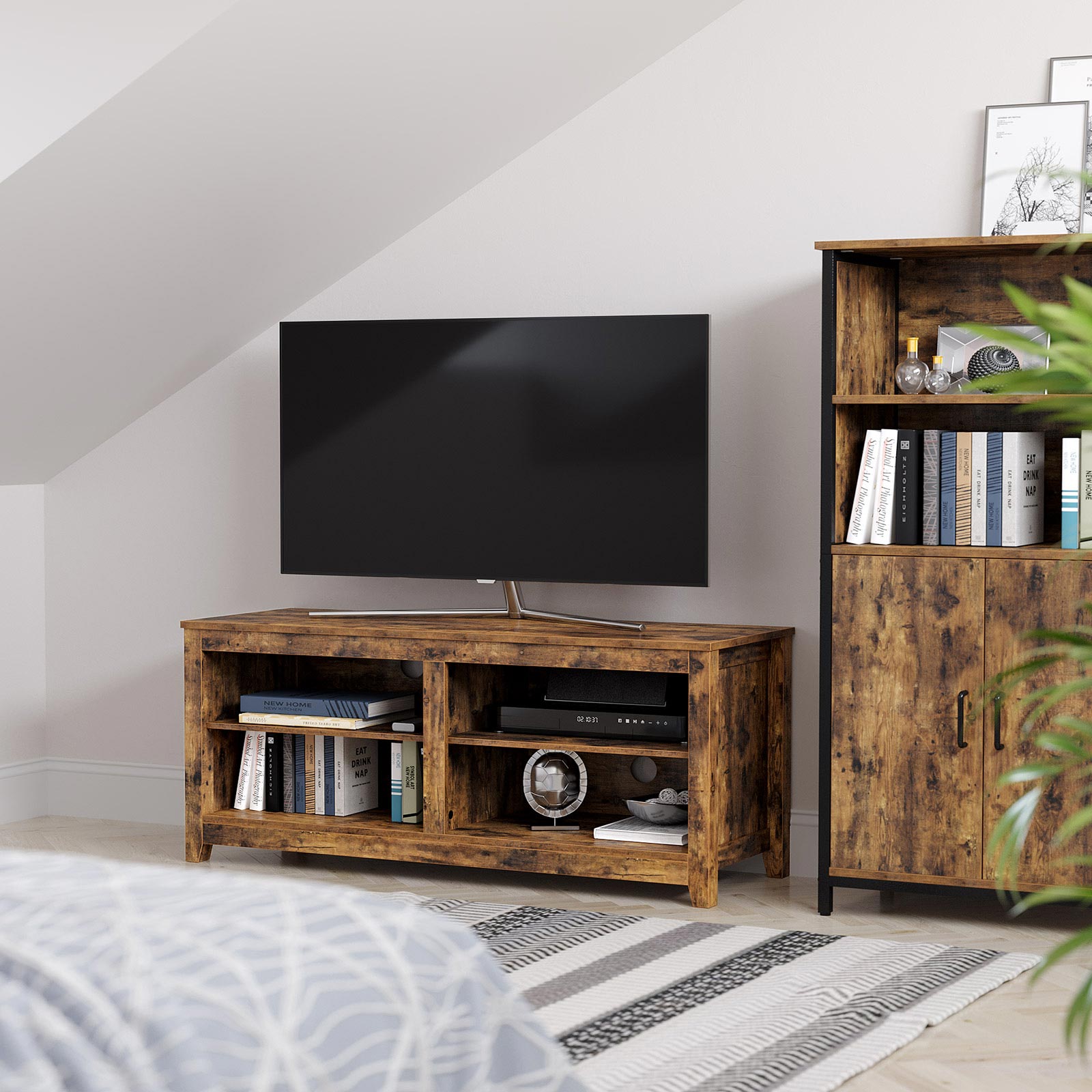 TV Stand - Engineered Wood - Rustic Brown - Open Shelves with Cable Holes