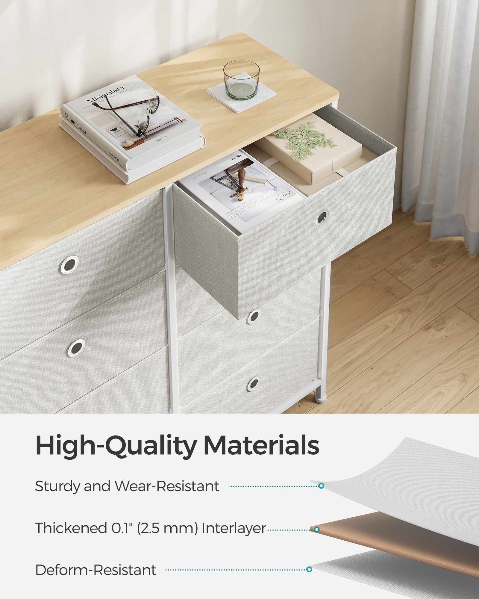 Storage Chest - 8 Easy Pull Drawers - Fabric - Cream White and Oak