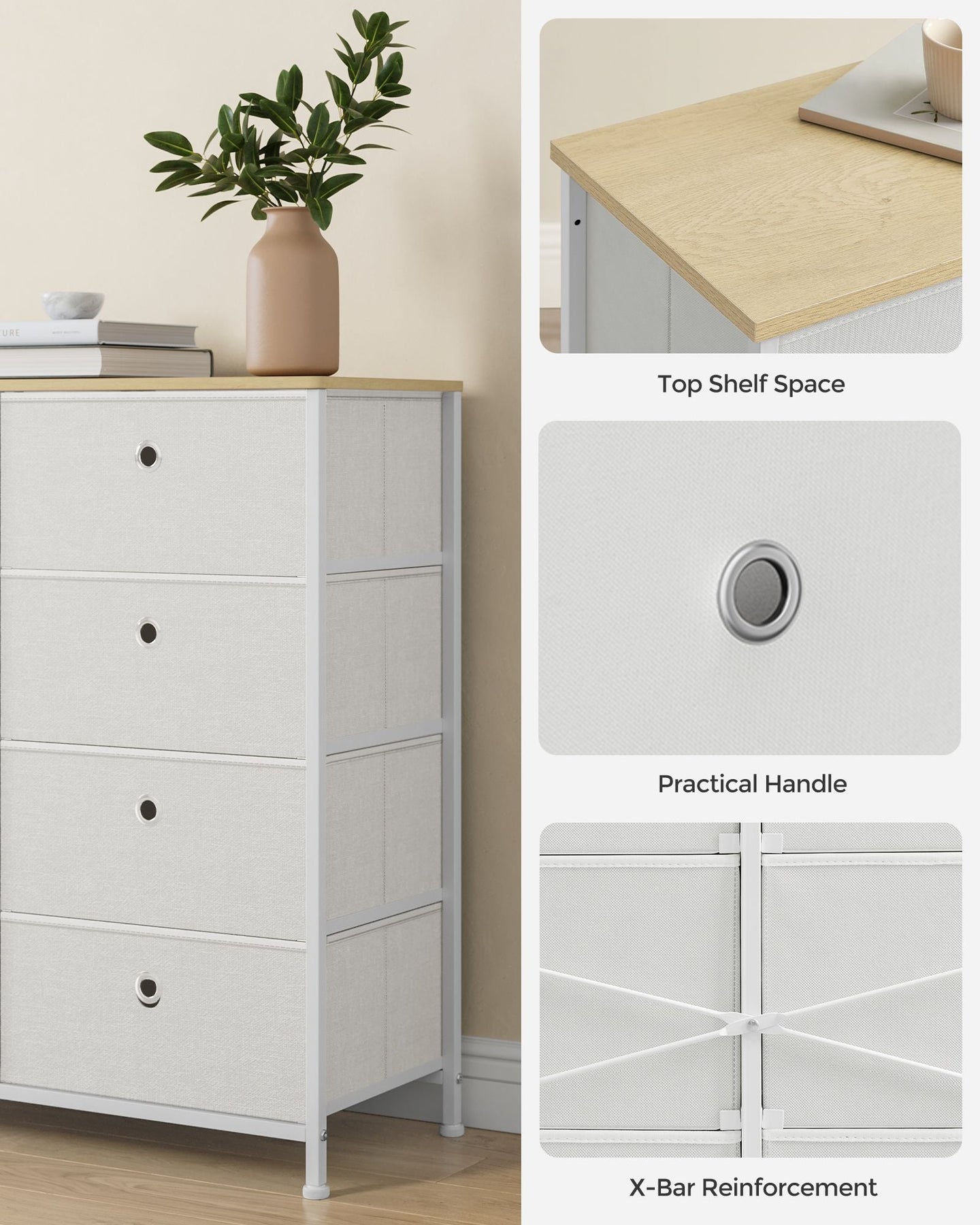 Storage Chest - 8 Easy Pull Drawers - Fabric - Cream White and Oak