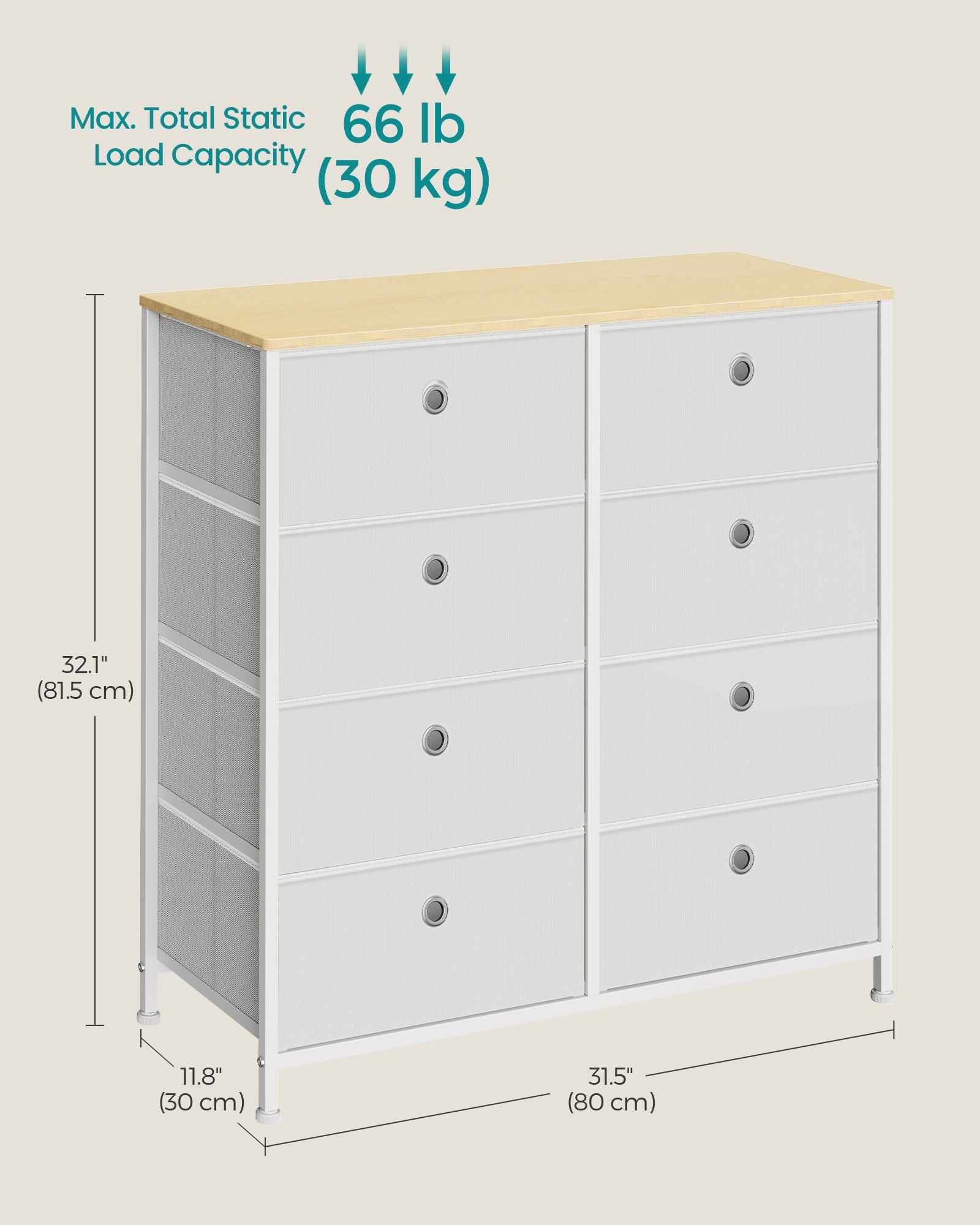 Storage Chest - 8 Easy Pull Drawers - Fabric - Cream White and Oak