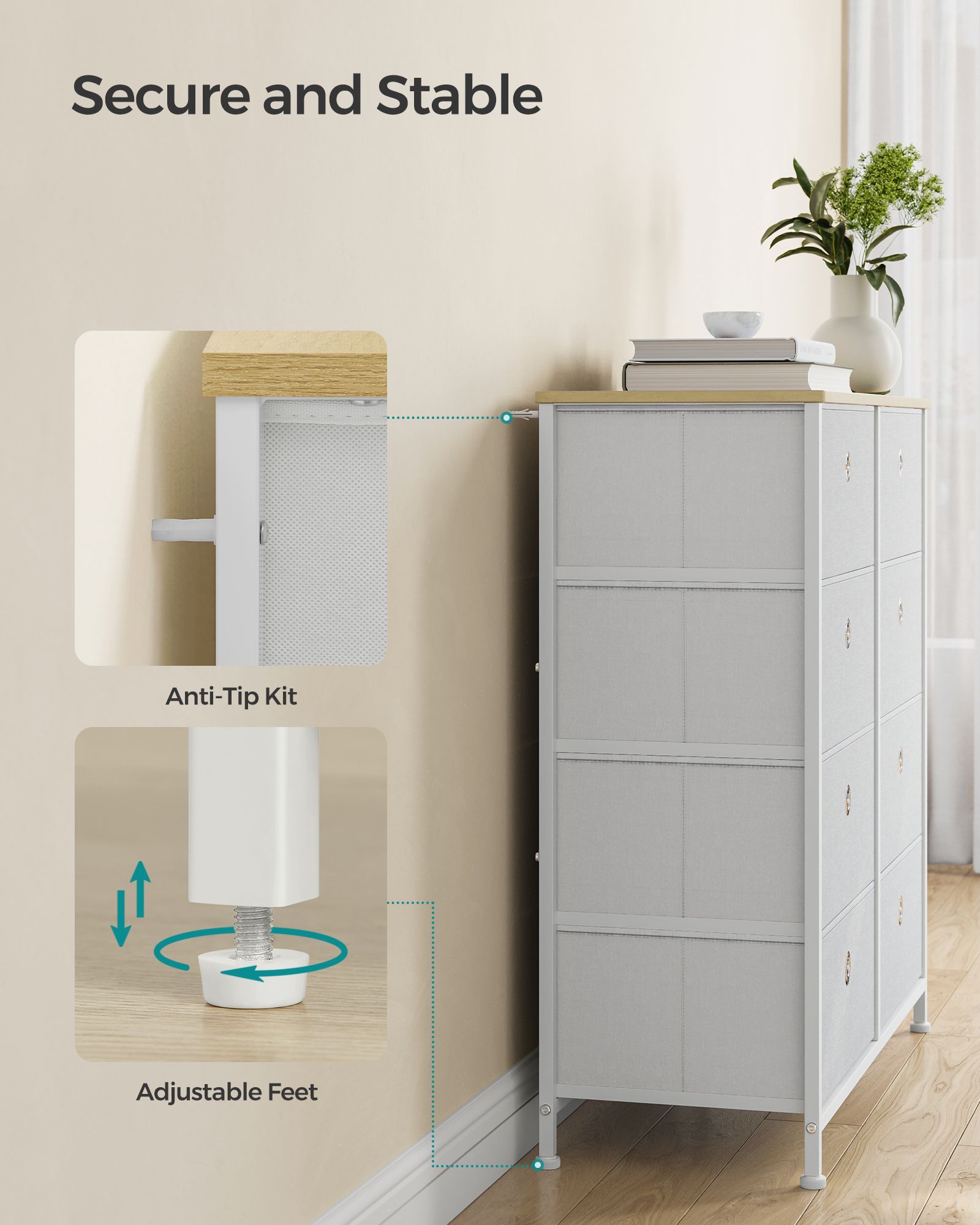 Storage Chest - 8 Easy Pull Drawers - Fabric - Cream White and Oak